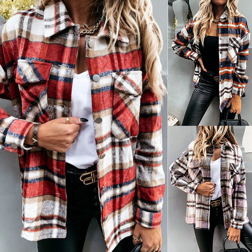 Unstructured Long Sleeve Plaid Winter Jacket