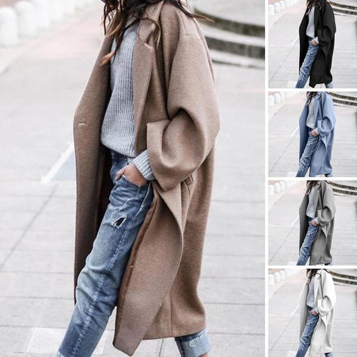 Women's Long Coat With Pockets Solid Colour Single Breasted Lapel Woollen