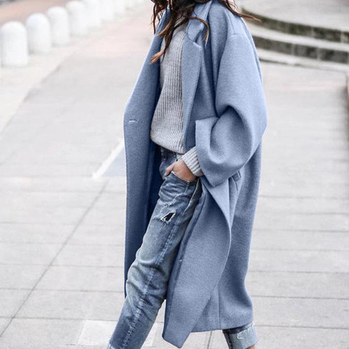 Women's Long Coat With Pockets Solid Colour Single Breasted Lapel Woollen