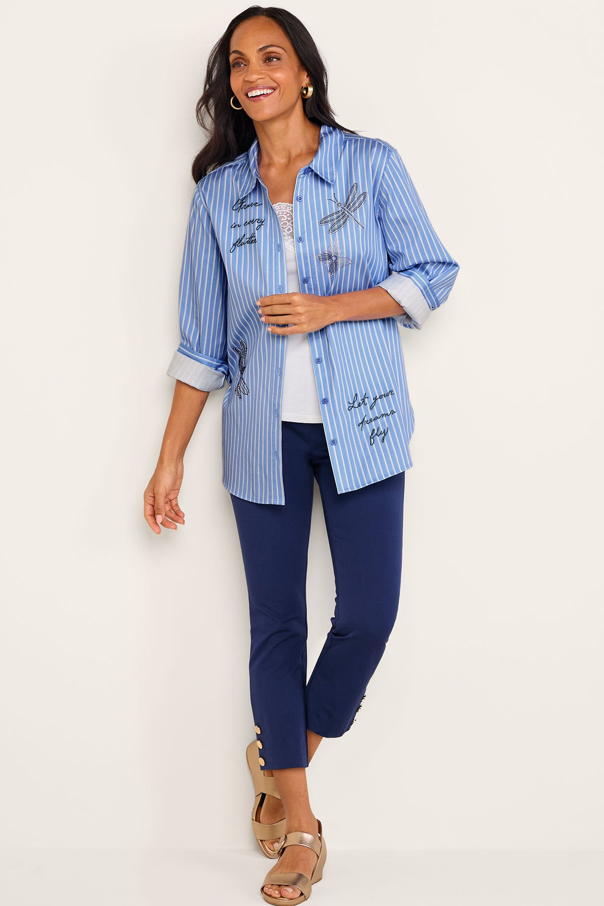 Embellished Striped LS Stretch Big Shirt - thumbnail 3