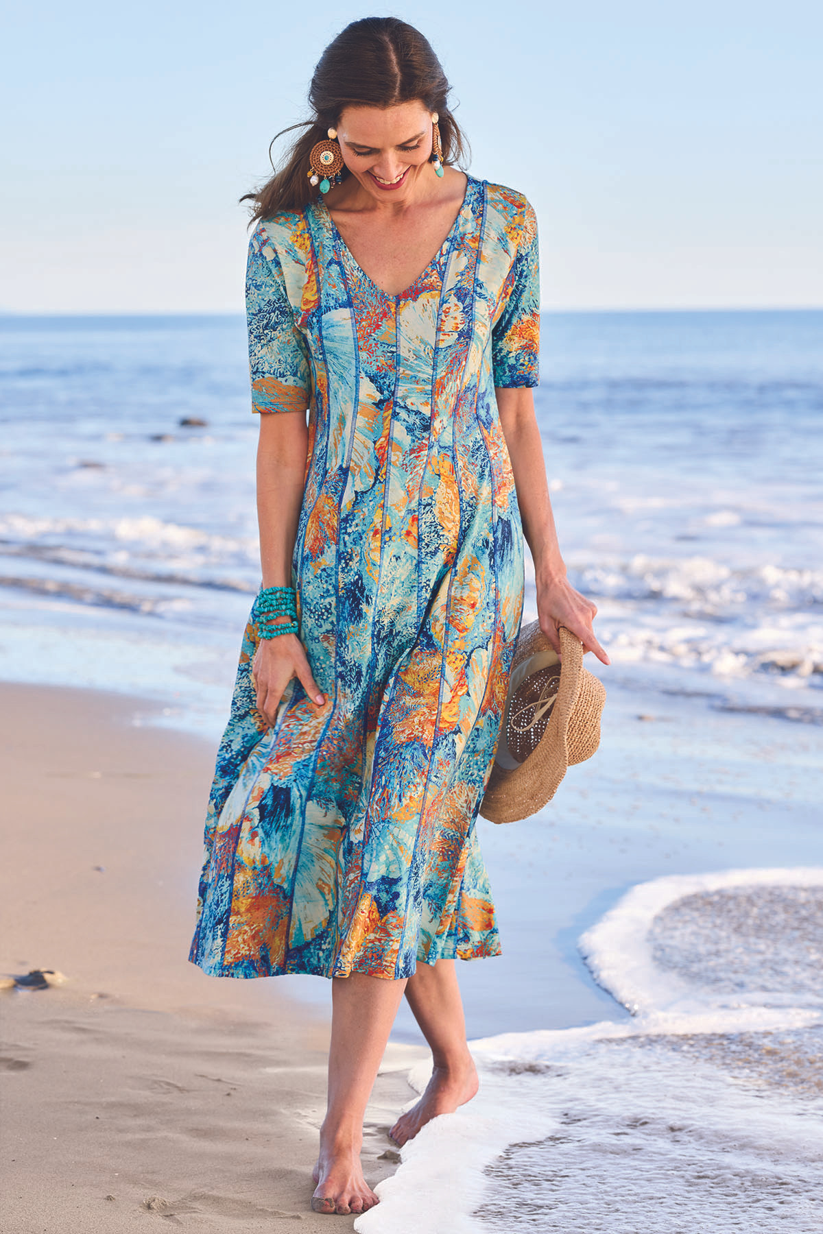 Seaside Cotton Jersey V Neck Midi Dress - thumbnail 3