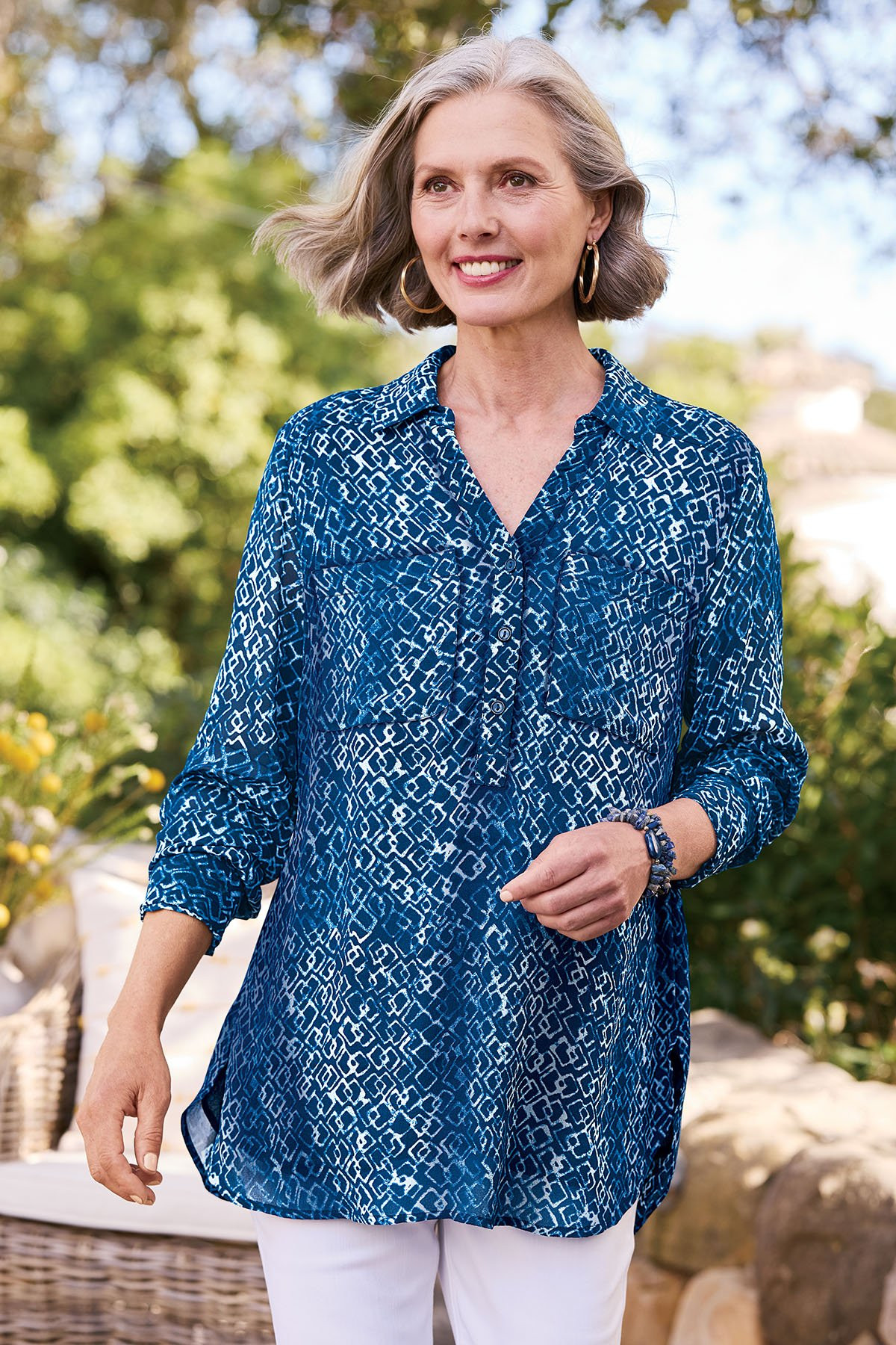 Geo Double Layer Crepe LS Tunic Blouse - thumbnail 10