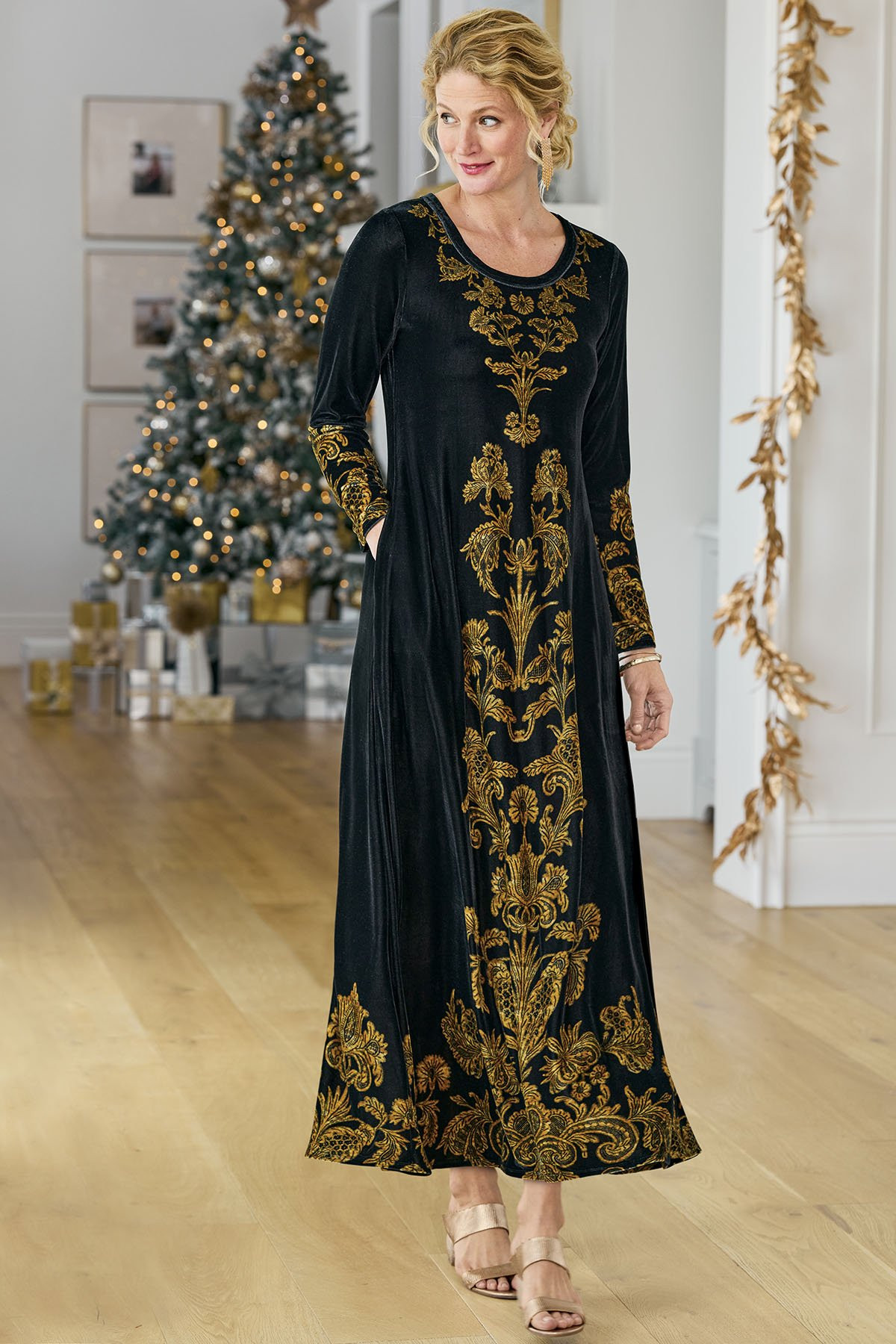 Santiago Stretch Velvet Damask Maxi Dress - thumbnail 5