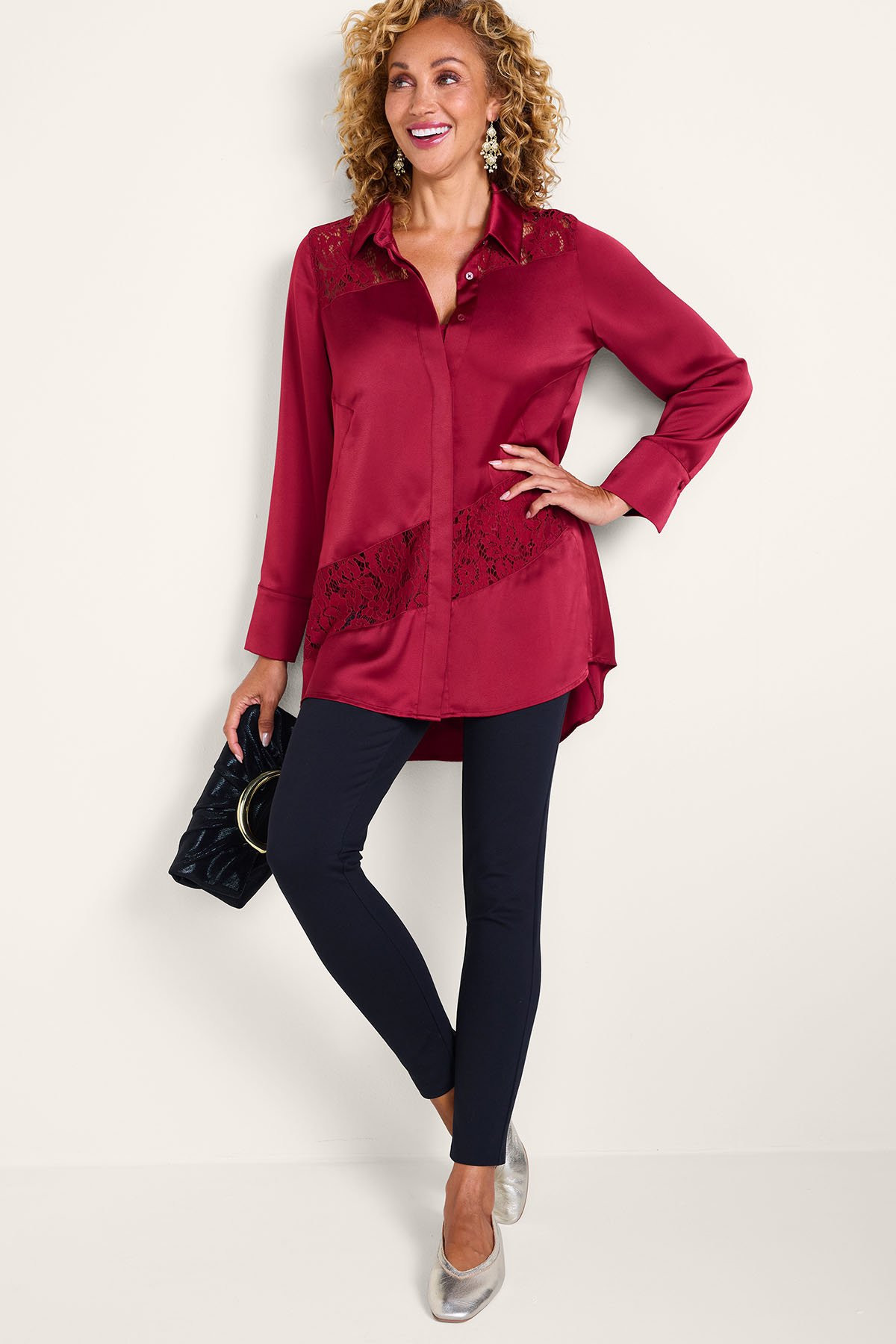Satin Lace Btn Front Tunic And Cami - thumbnail 3