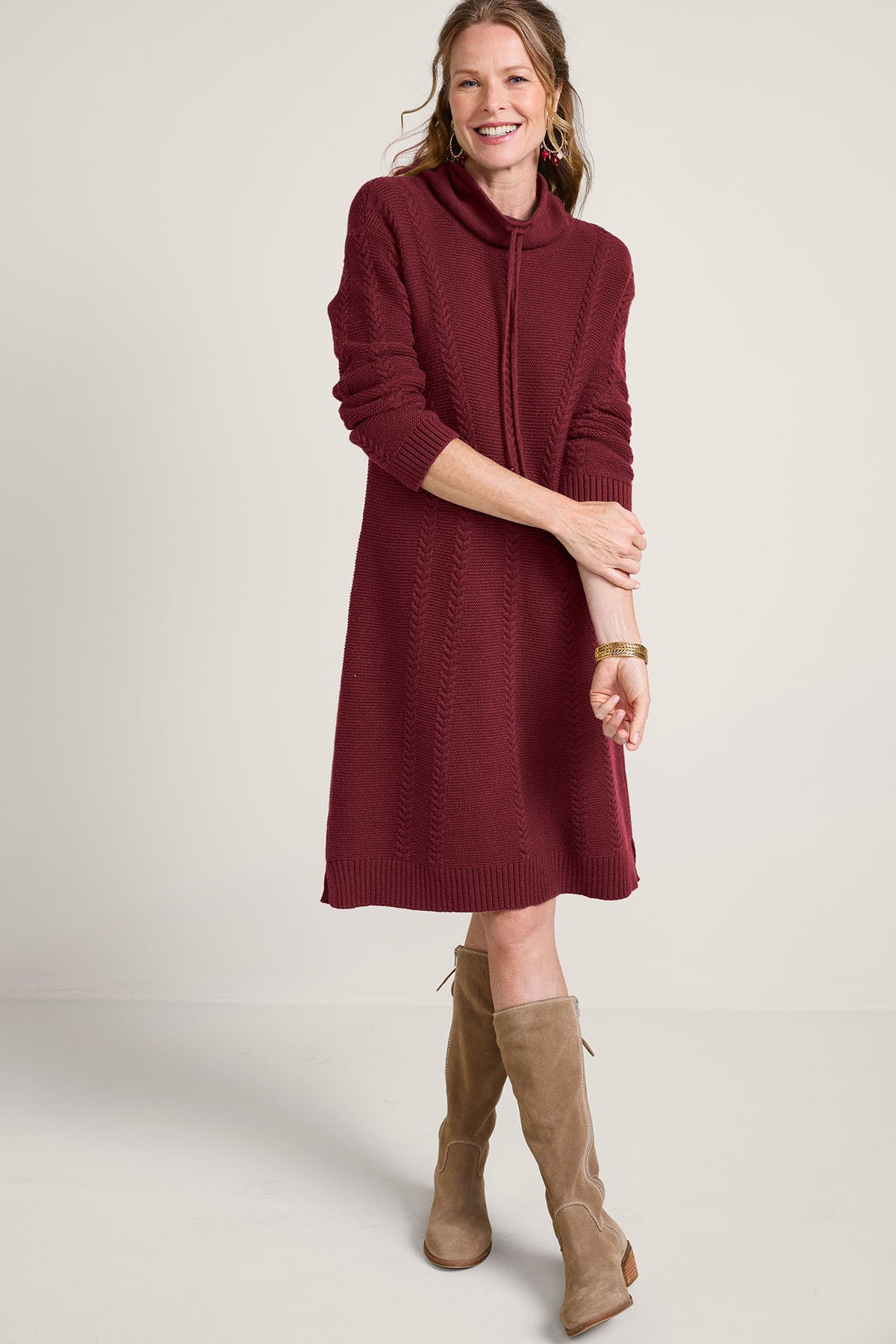 Funnel Neck LS Cable Sweater Dress - thumbnail 2