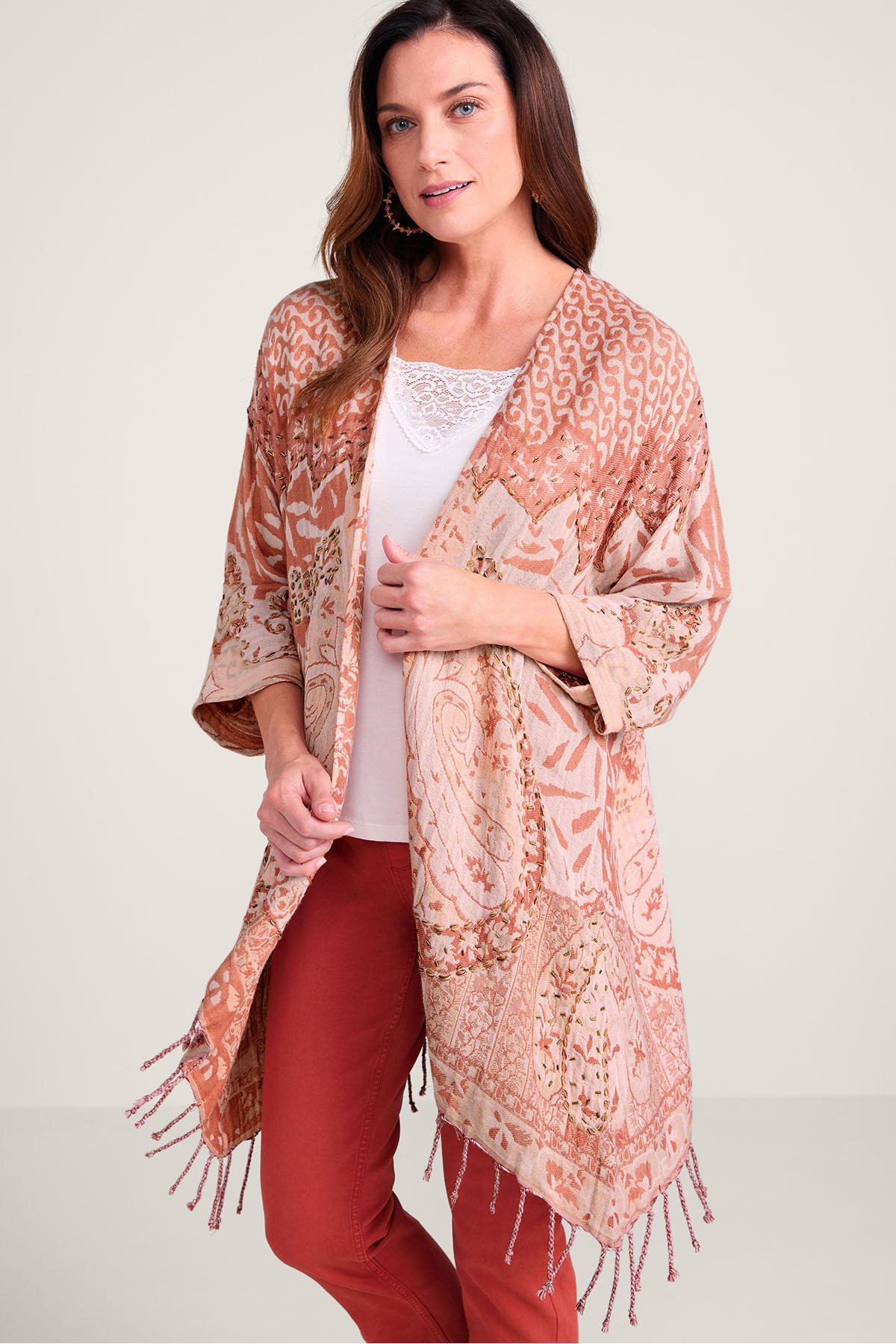 Novelty Jacquard 3/4 Slv Long Topper