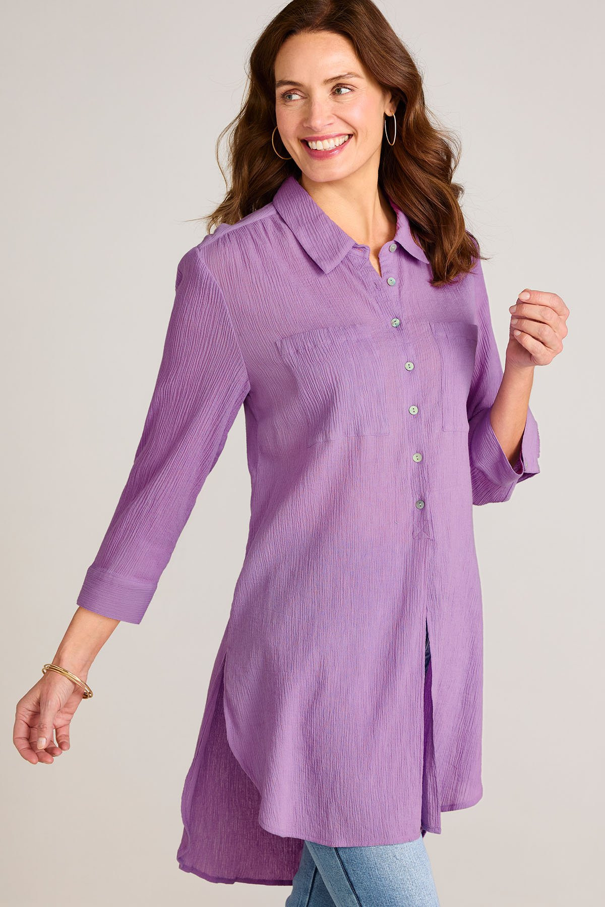 Gauze Btn Front 3/4 Slv Long Tunic - thumbnail 2