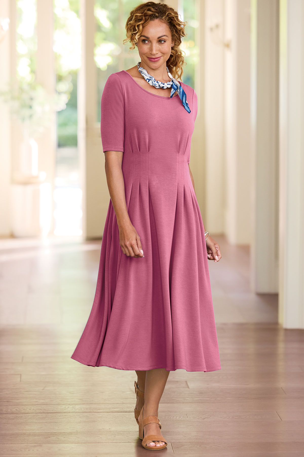 Boatneck Pleated Waist Knit Midi Dress - thumbnail 9