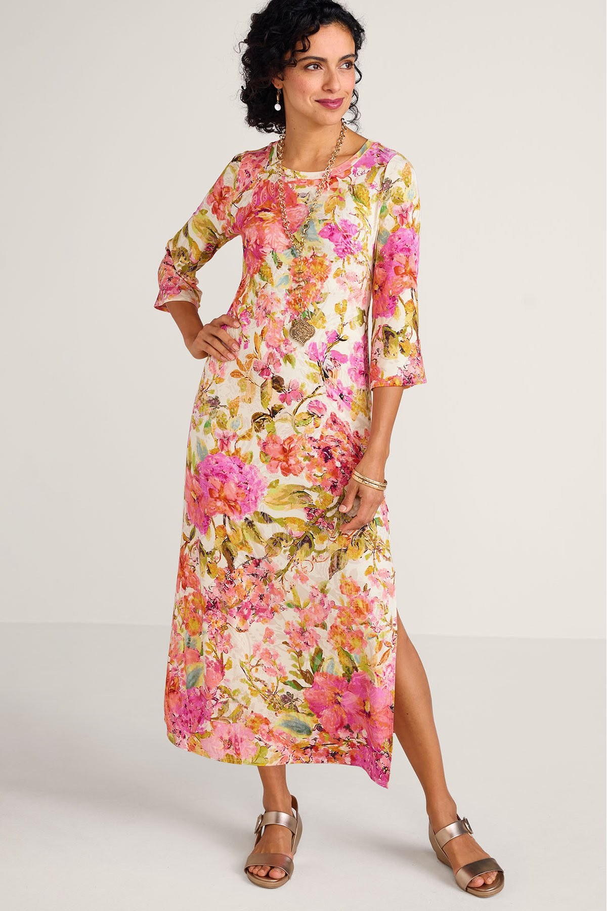 Floral Print 3/4 Slv Knit Maxi Dress