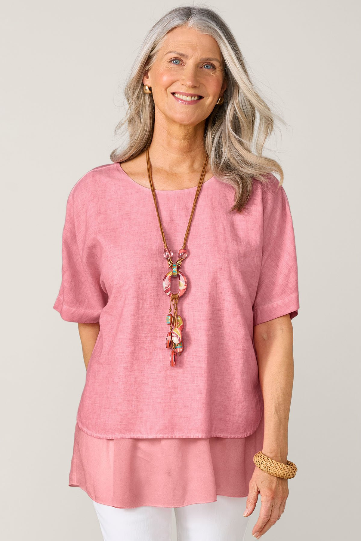 Mixed Media Layered Look Elbow Slv Tunic