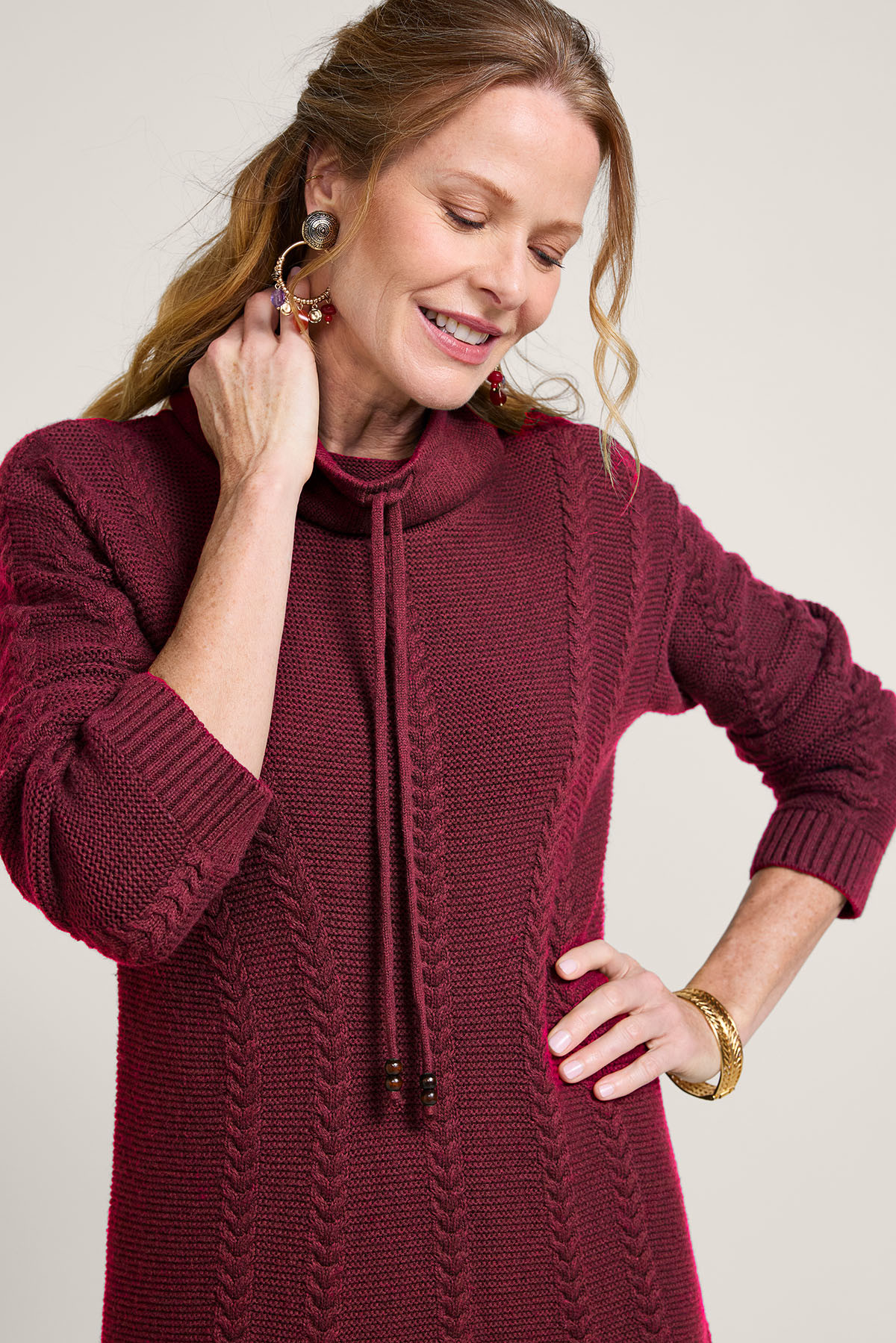 Funnel Neck LS Cable Sweater Dress - thumbnail 4