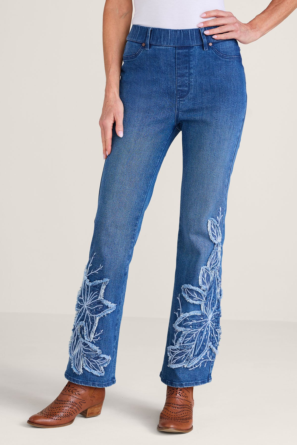 Floral Applique Bootcut Pull On Jeans - thumbnail 3