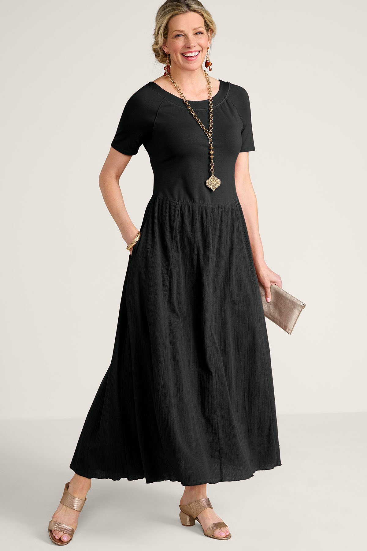 Mixed Media Elbow Slv Maxi Dress - thumbnail 2