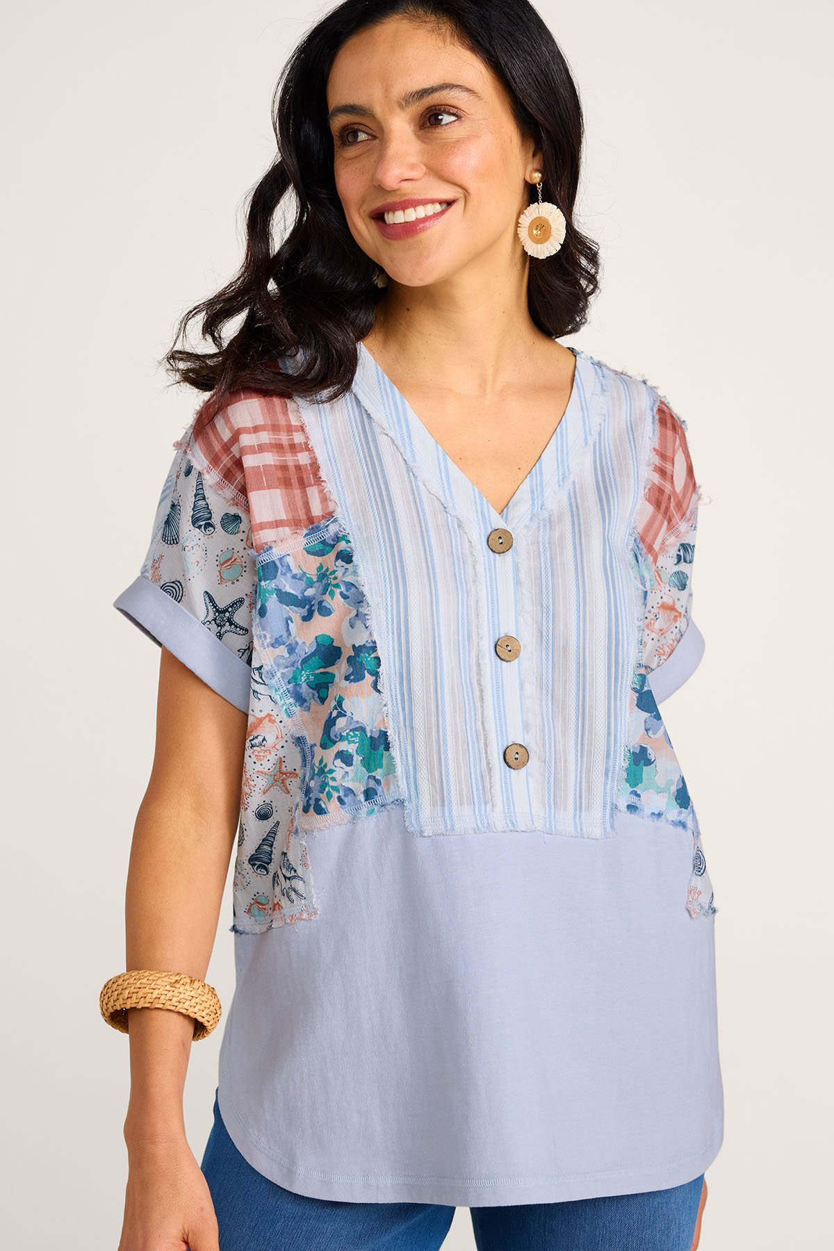 Mixed Media Print V Neck SS Tunic
