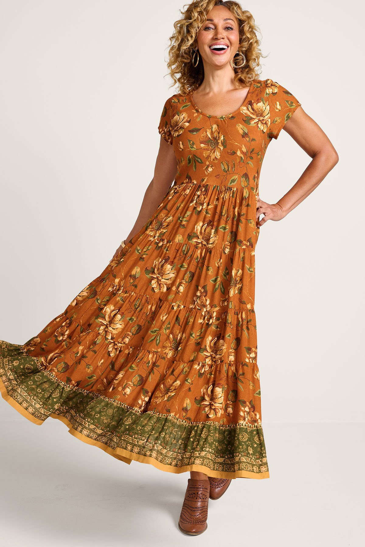 Kara Autumn Bloom SS Tiered Midi Dress