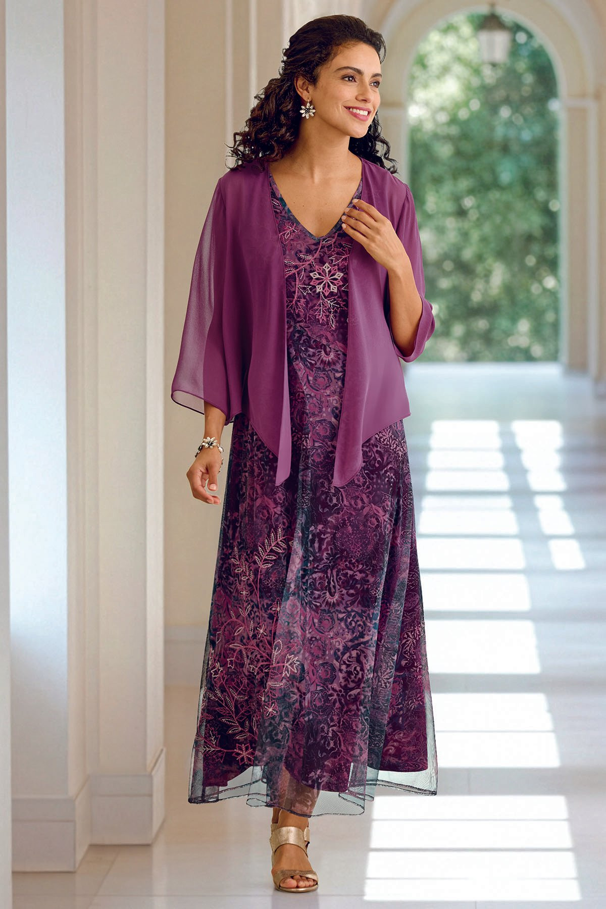Embroidered Printed Mesh S/L Maxi Dress - thumbnail 6