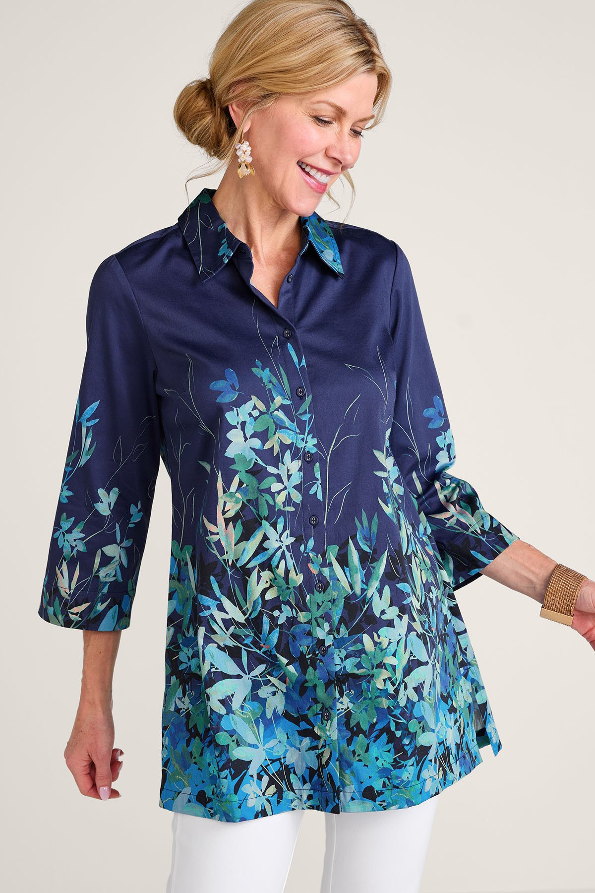 Flowing Flora Stretch 3/4 Slv Long Tunic