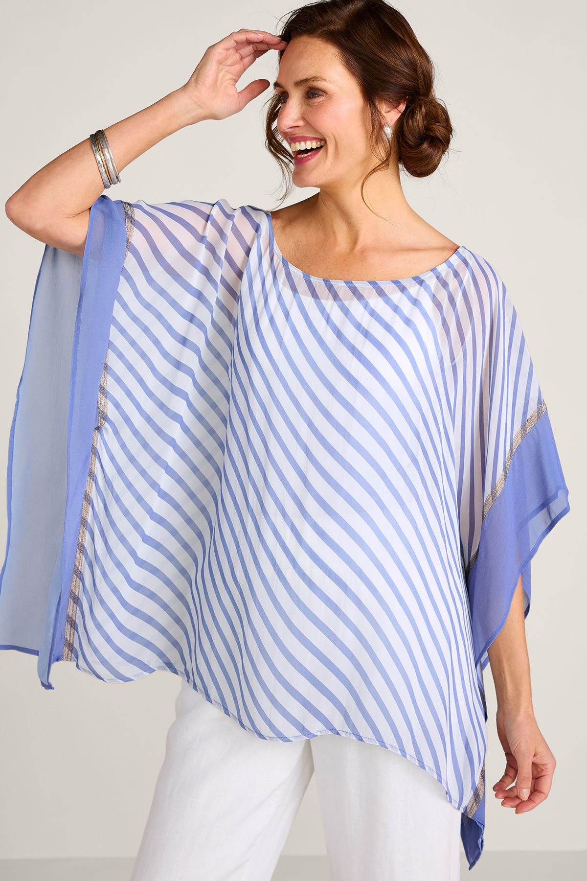 Metallic Trim Striped Georgette Poncho