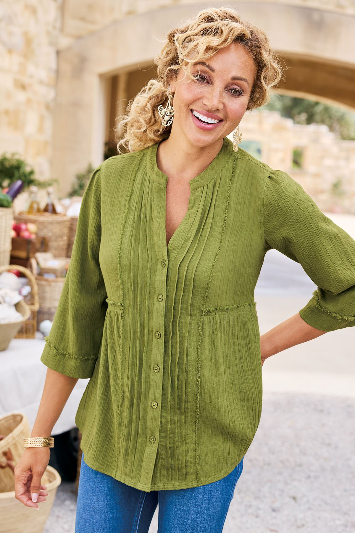 Pintuck Cotton Gauze 3/4 Slv Shirt - thumbnail 4