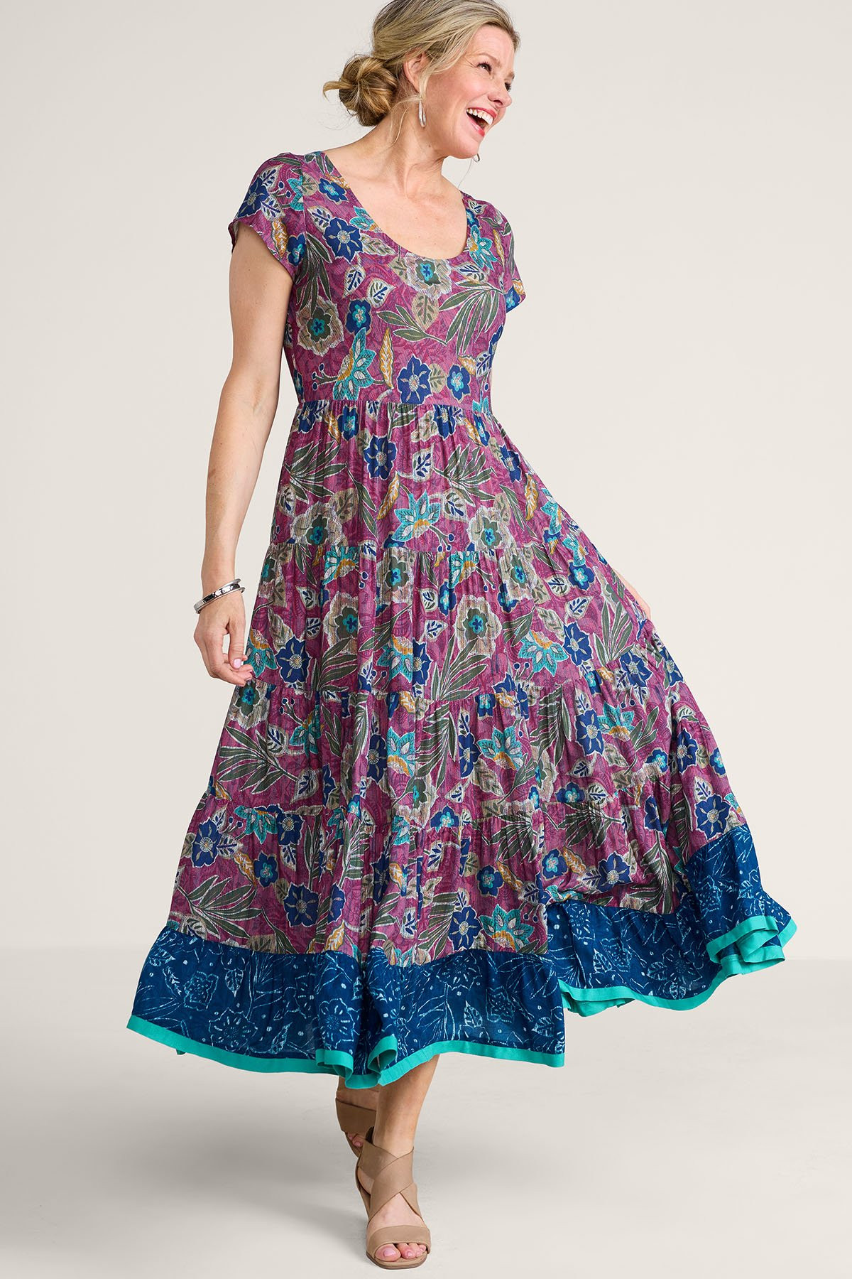 Kara Batik Bloom SS Tiered Midi Dress