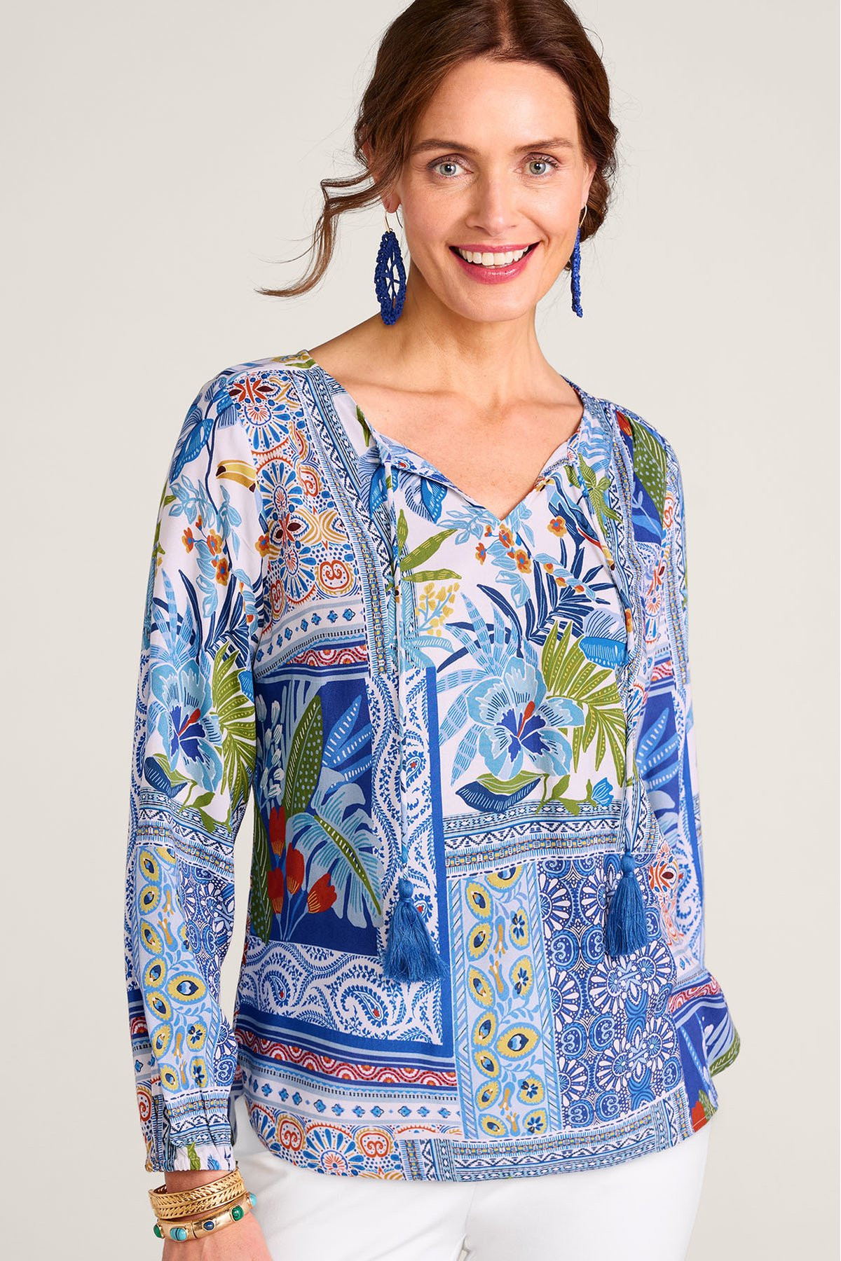 Tropical Print LS Challis Blouse