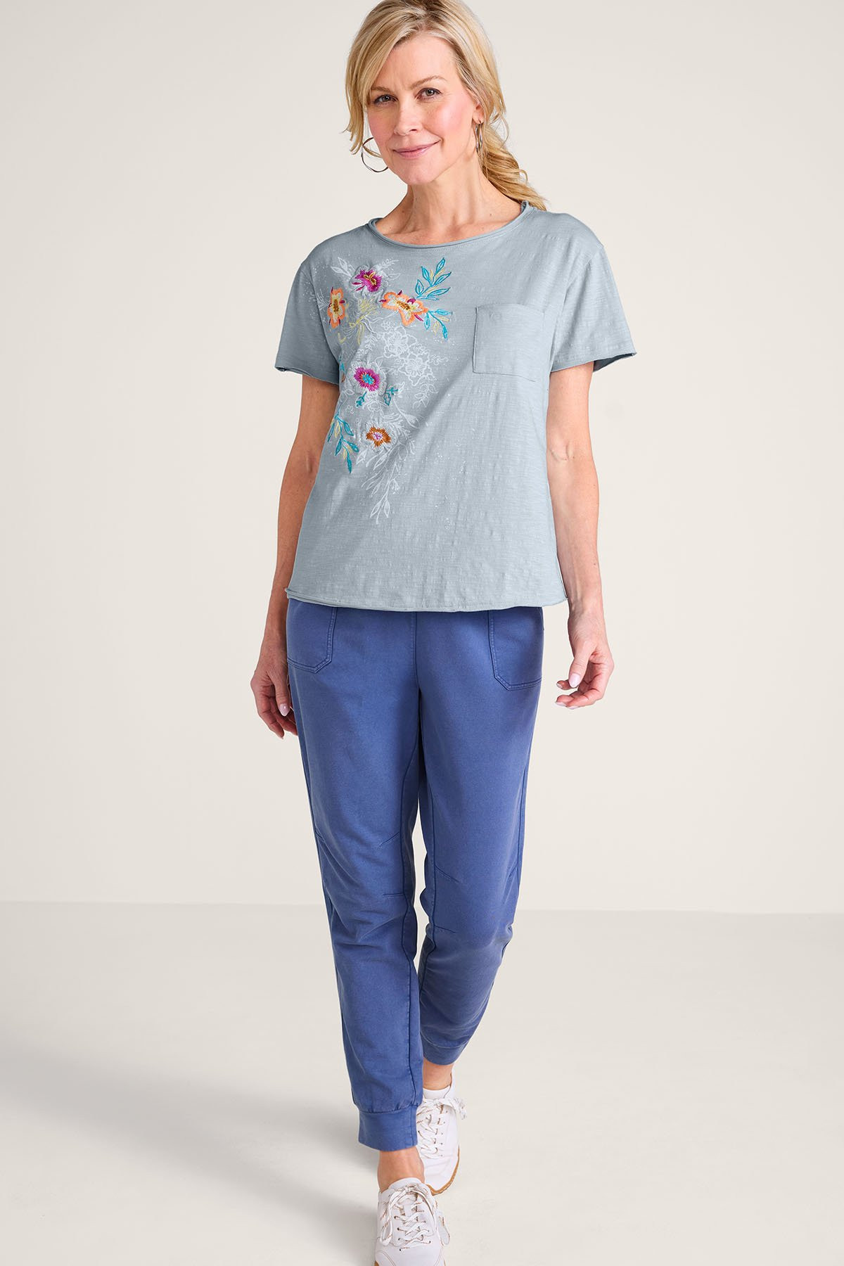 Embroidered Floral SS Slub Knit Boxy Tee - thumbnail 3