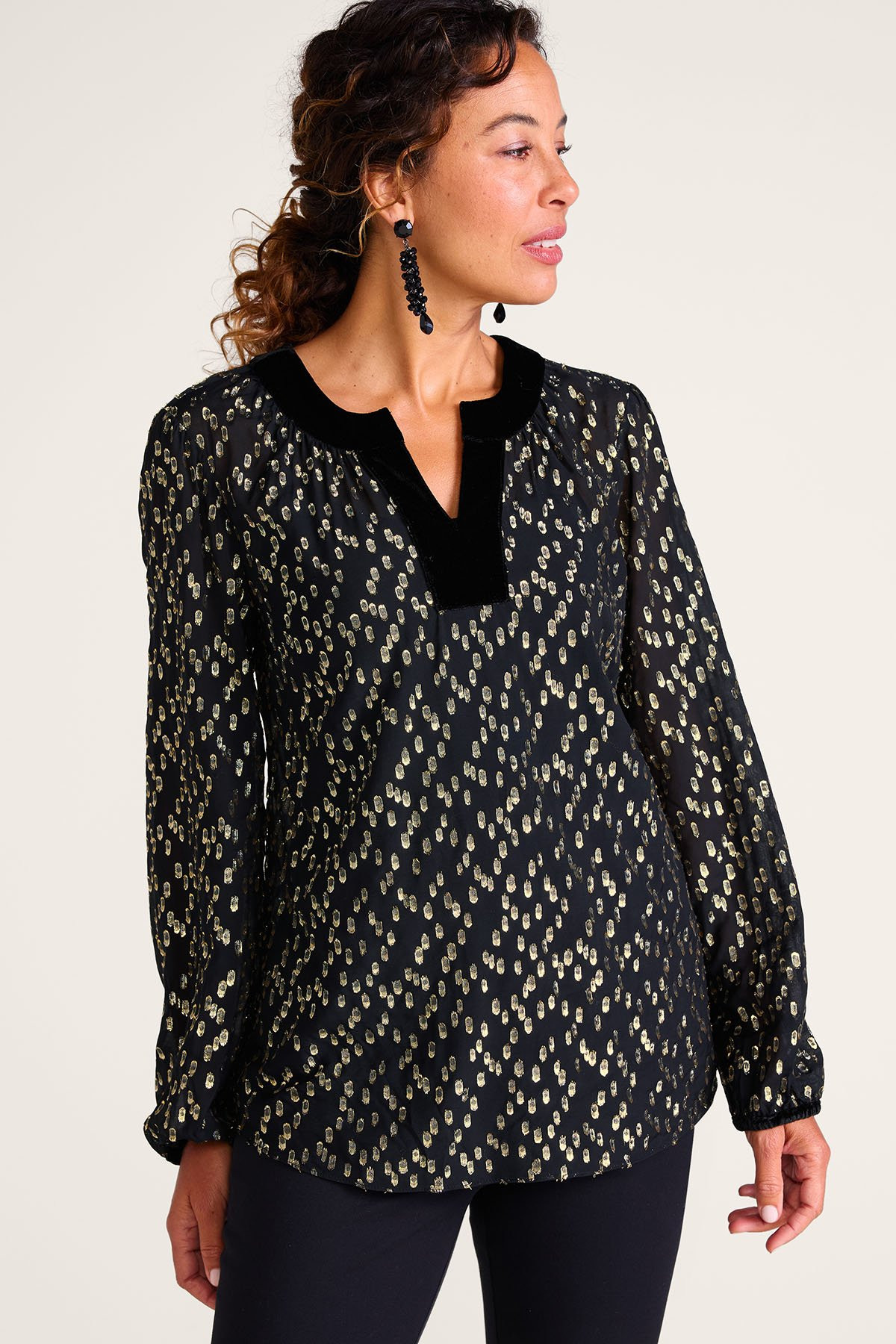 Luce Long Sleeve Velvet Trim Poet Top