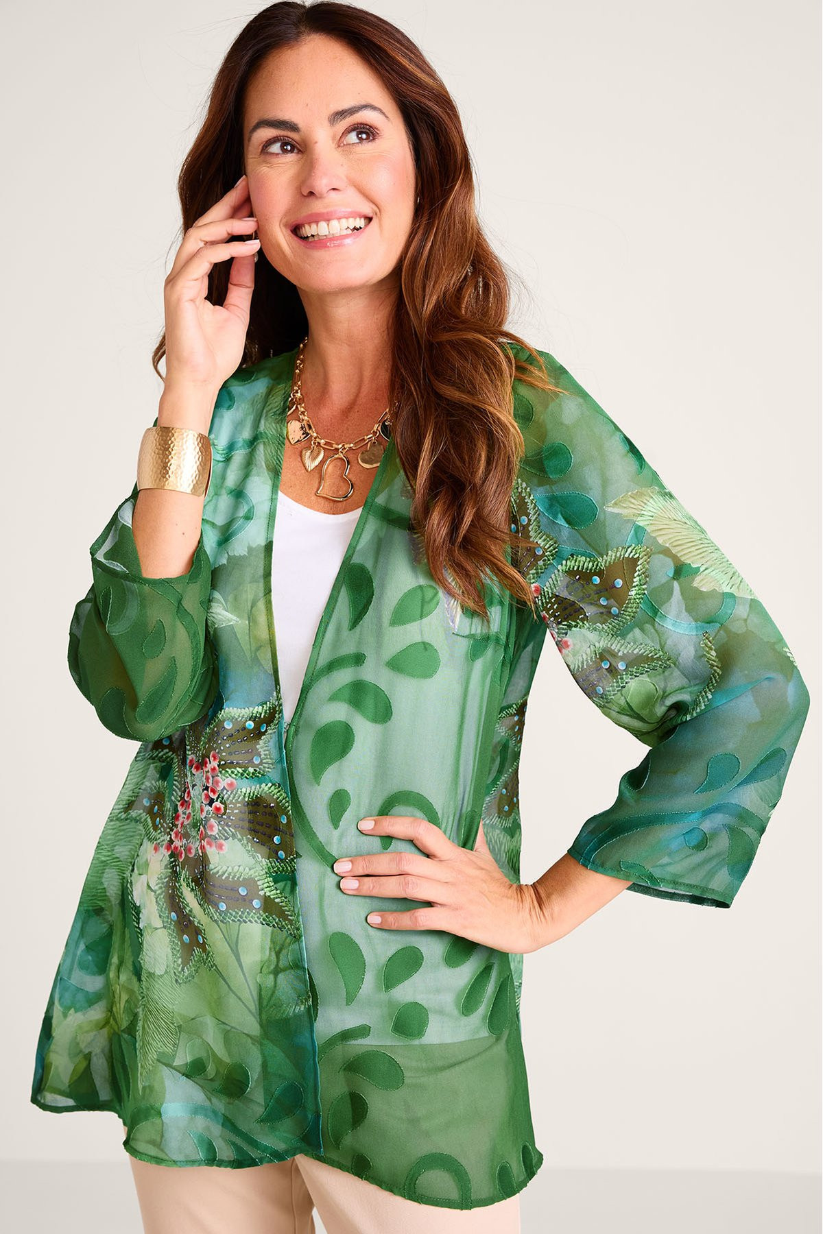 Tropical Chiffon Burnout 3/4 Slv Topper