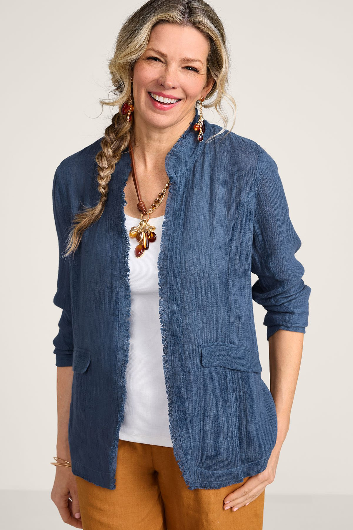 Gauze Frayed Trim LS Topper