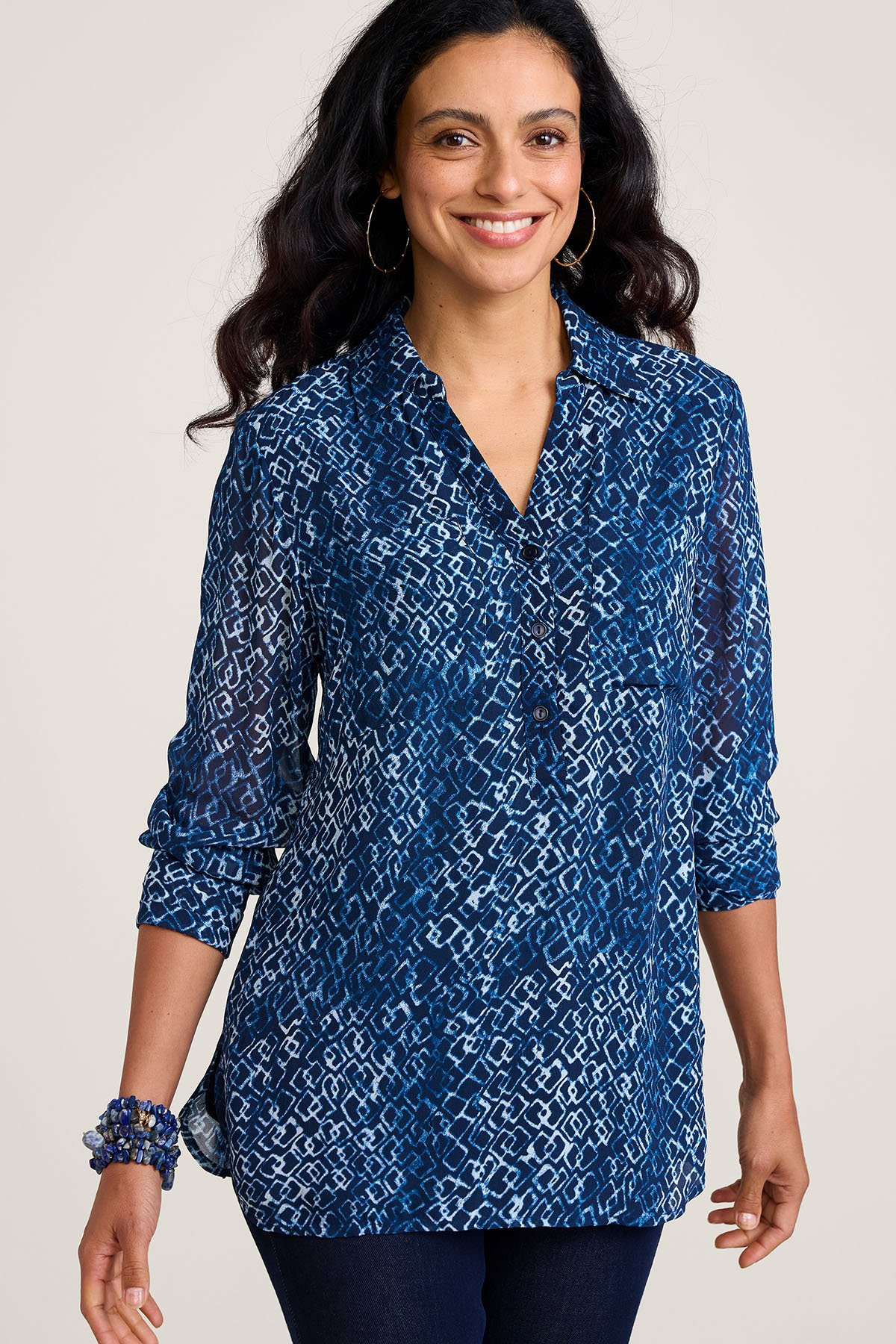 Geo Double Layer Crepe LS Tunic Blouse