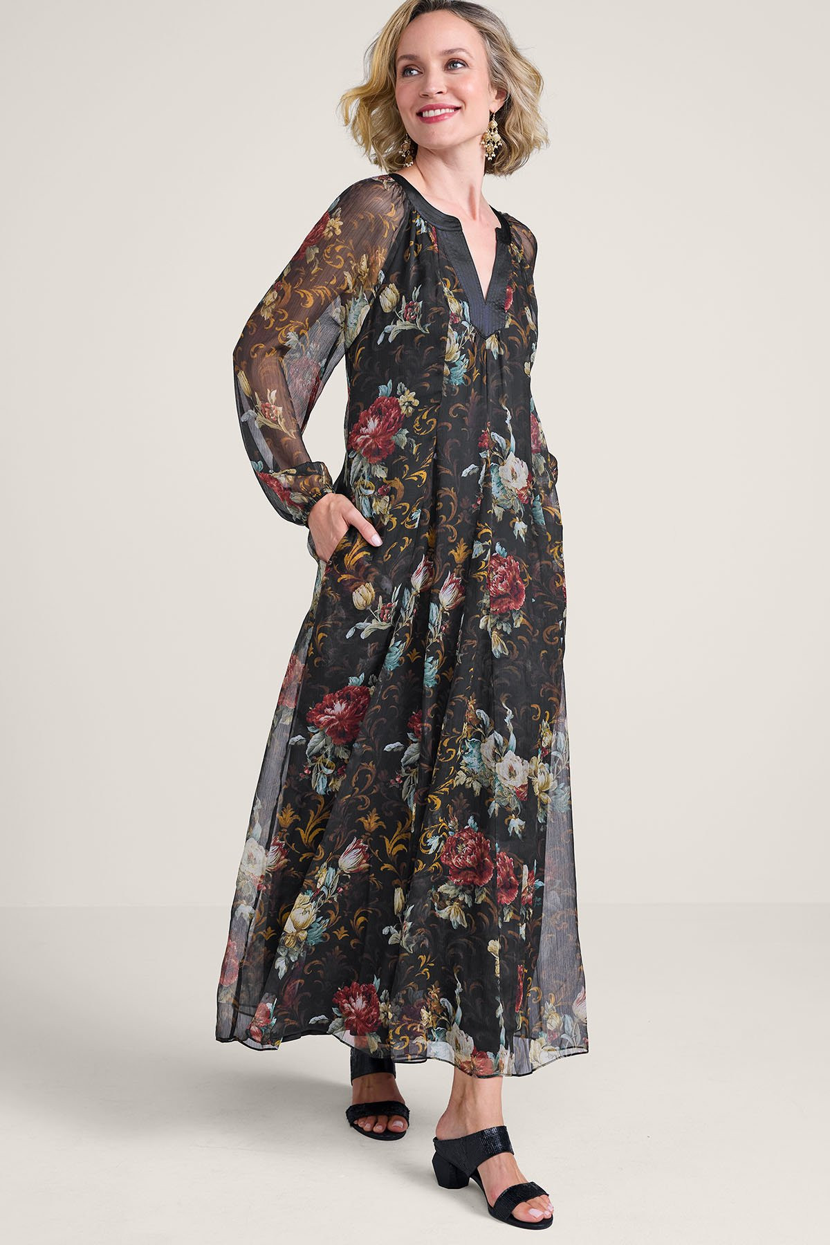Midnight Bloom Chiffon Maxi Dress