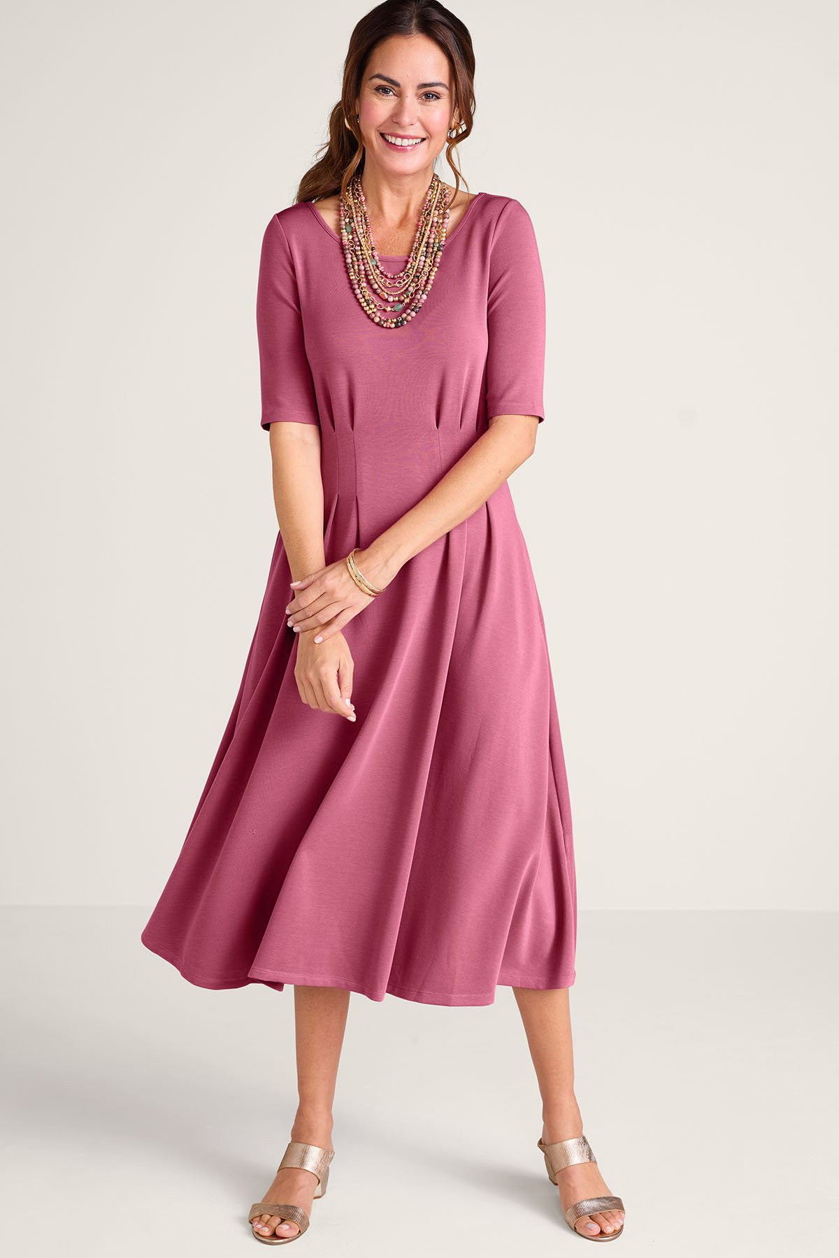 Boatneck Pleated Waist Knit Midi Dress - thumbnail 10
