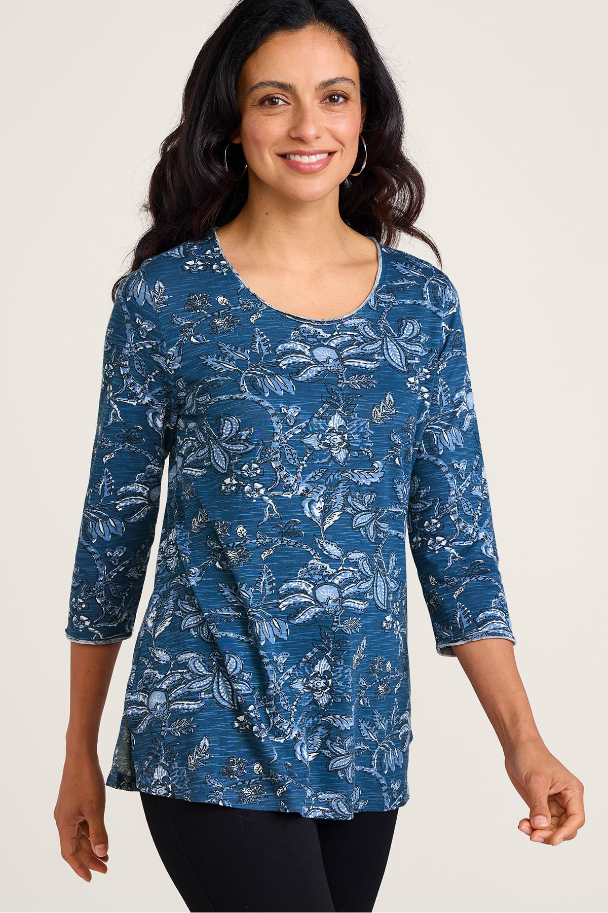 Slub Knit Floral Sketch ¾ Slv Tunic