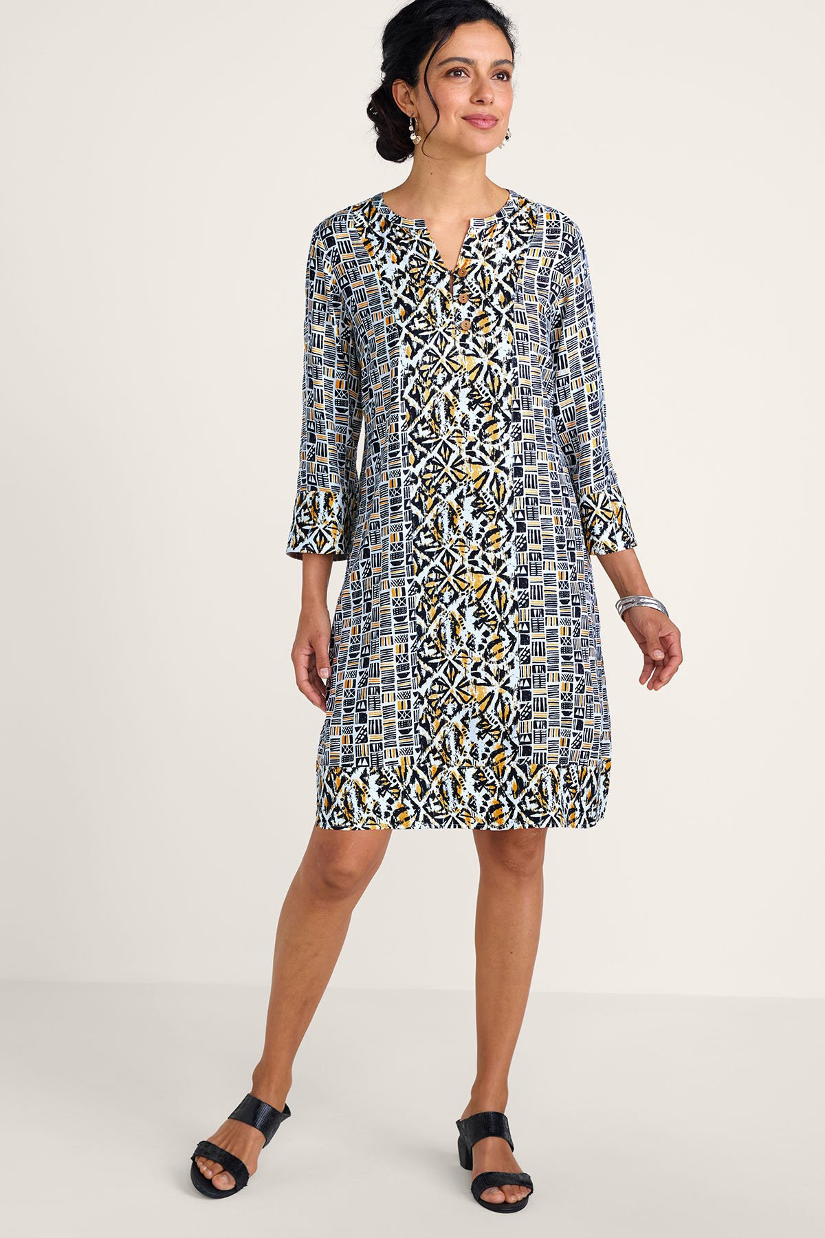 Geo Foil Print Crepe ¾ Slv Short Dress