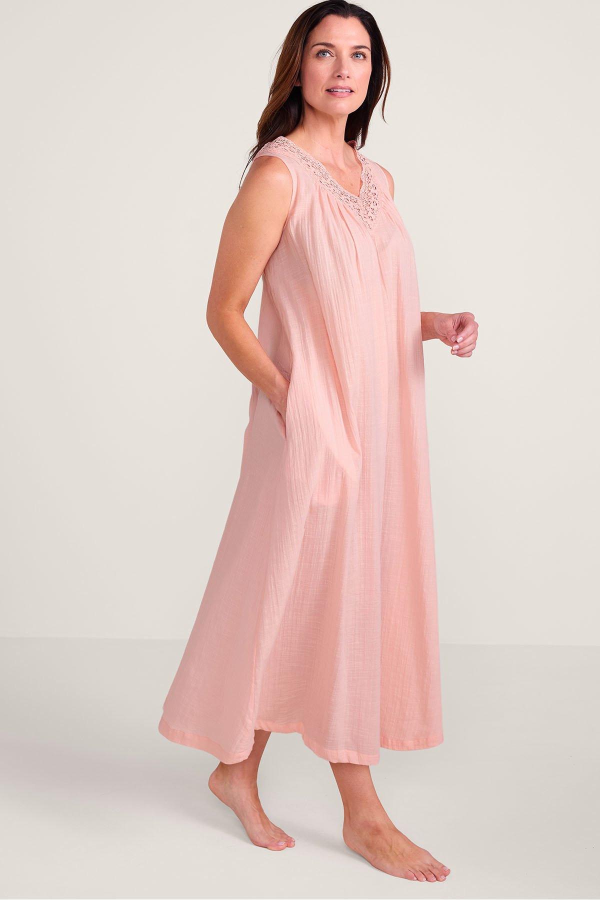April Cornell Lace Trim S/L Long Nightgown