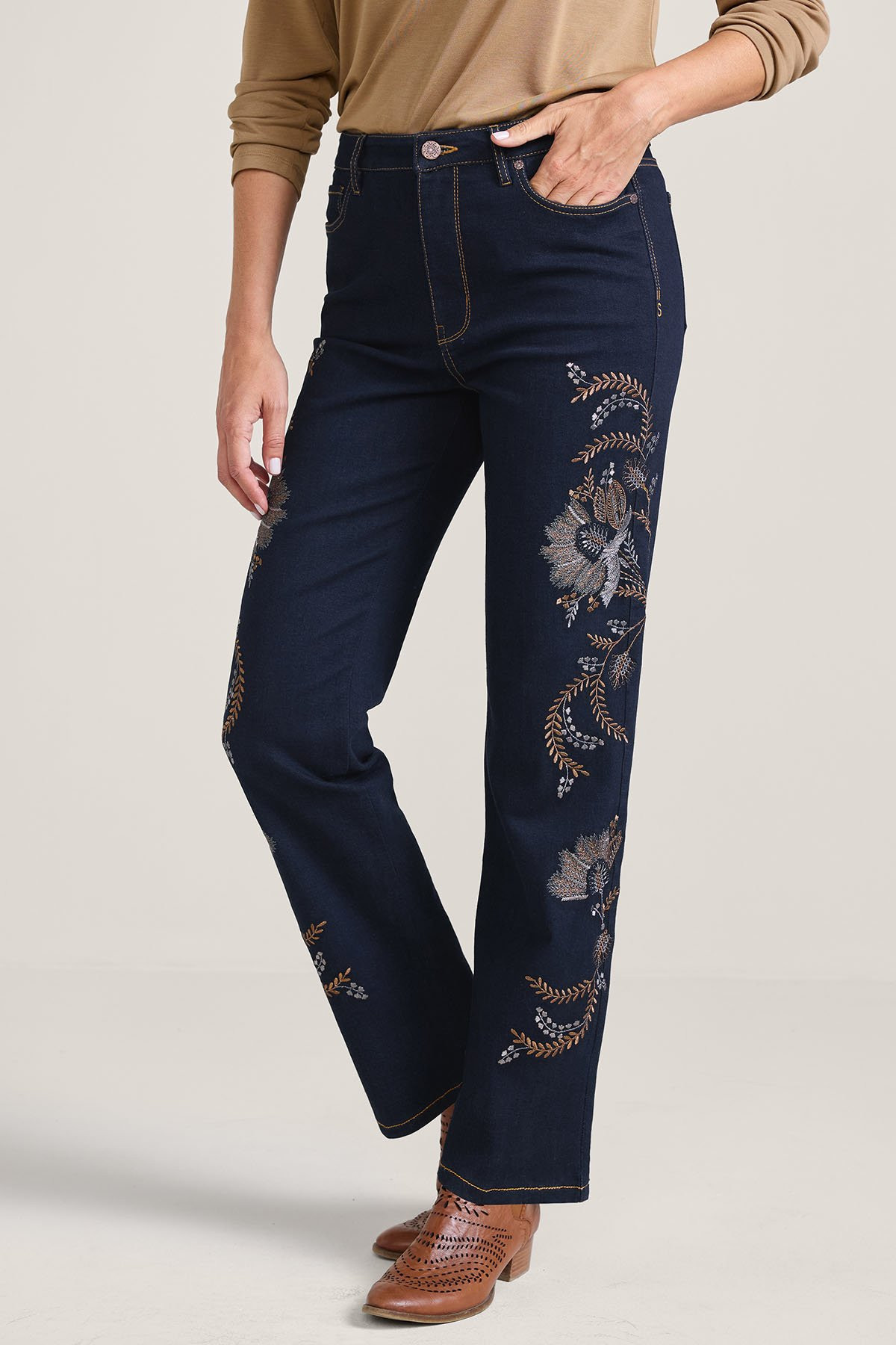 Metallic Embroidered Straight Leg Jeans