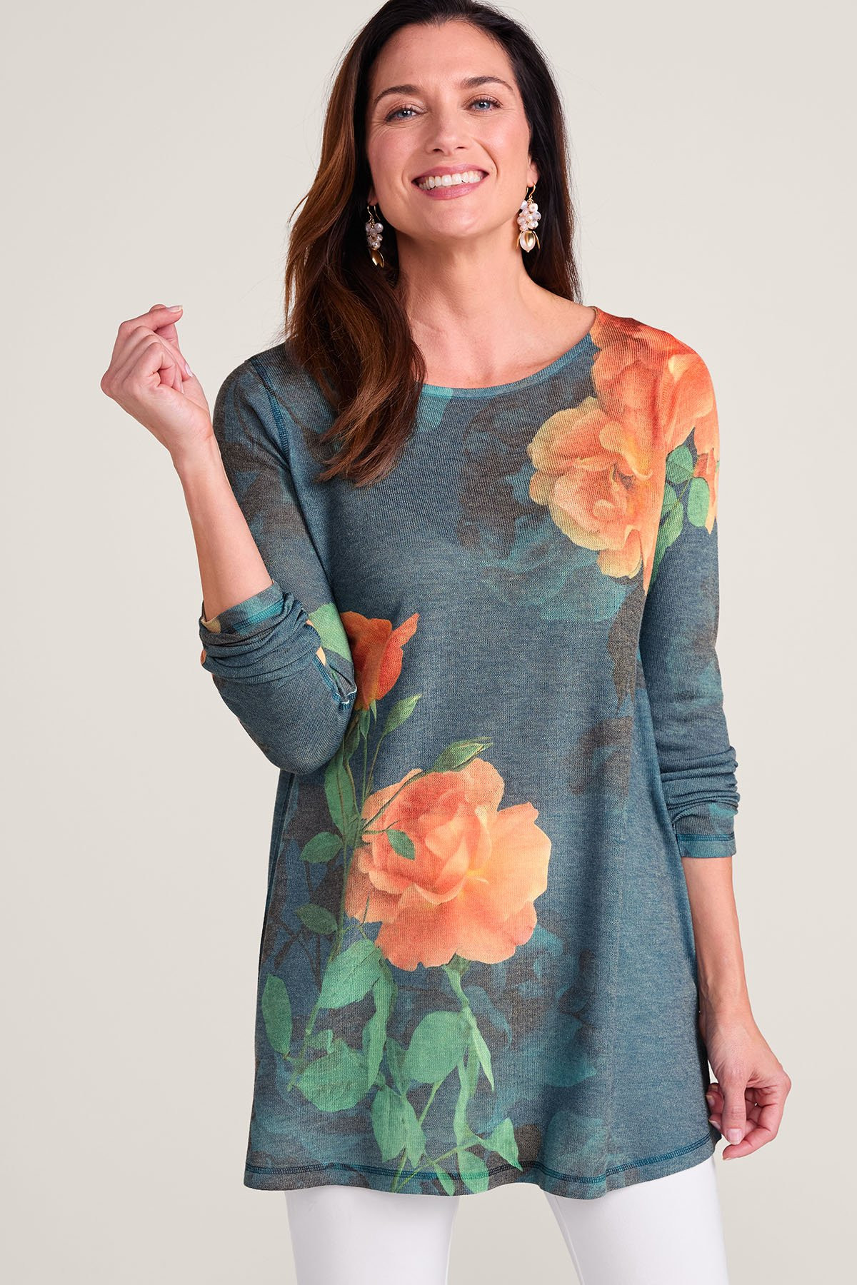 Rose Print LS Boatneck Tunic