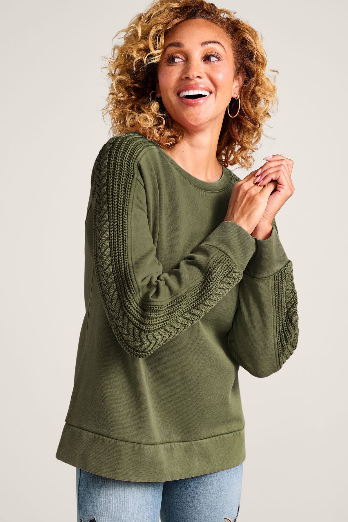 Mixed Media Cable Sleeve Sweatshirt