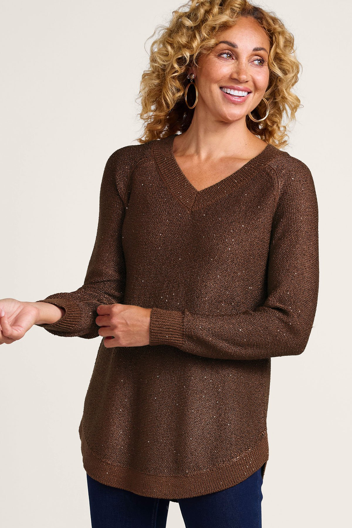 Sequin Shimmer V Neck Tunic Sweater