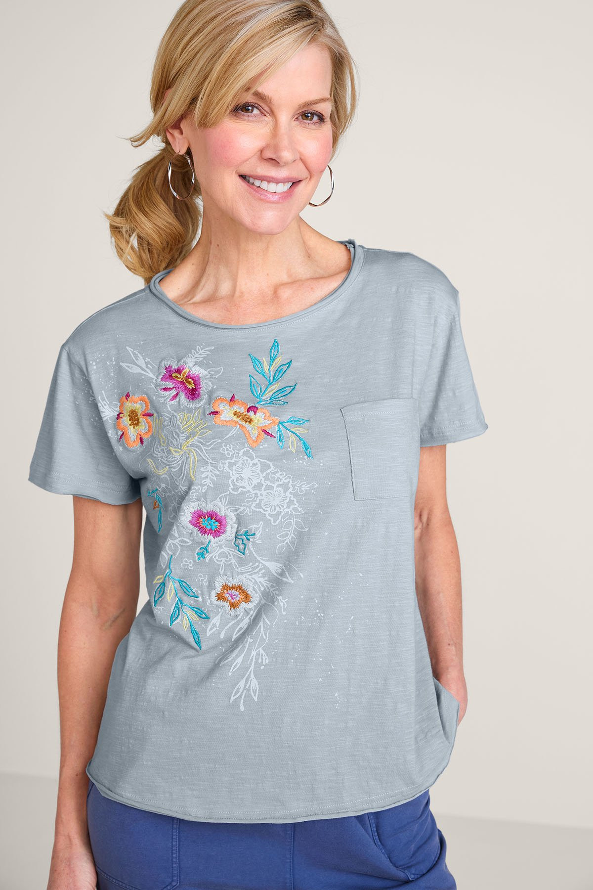 Embroidered Floral SS Slub Knit Boxy Tee