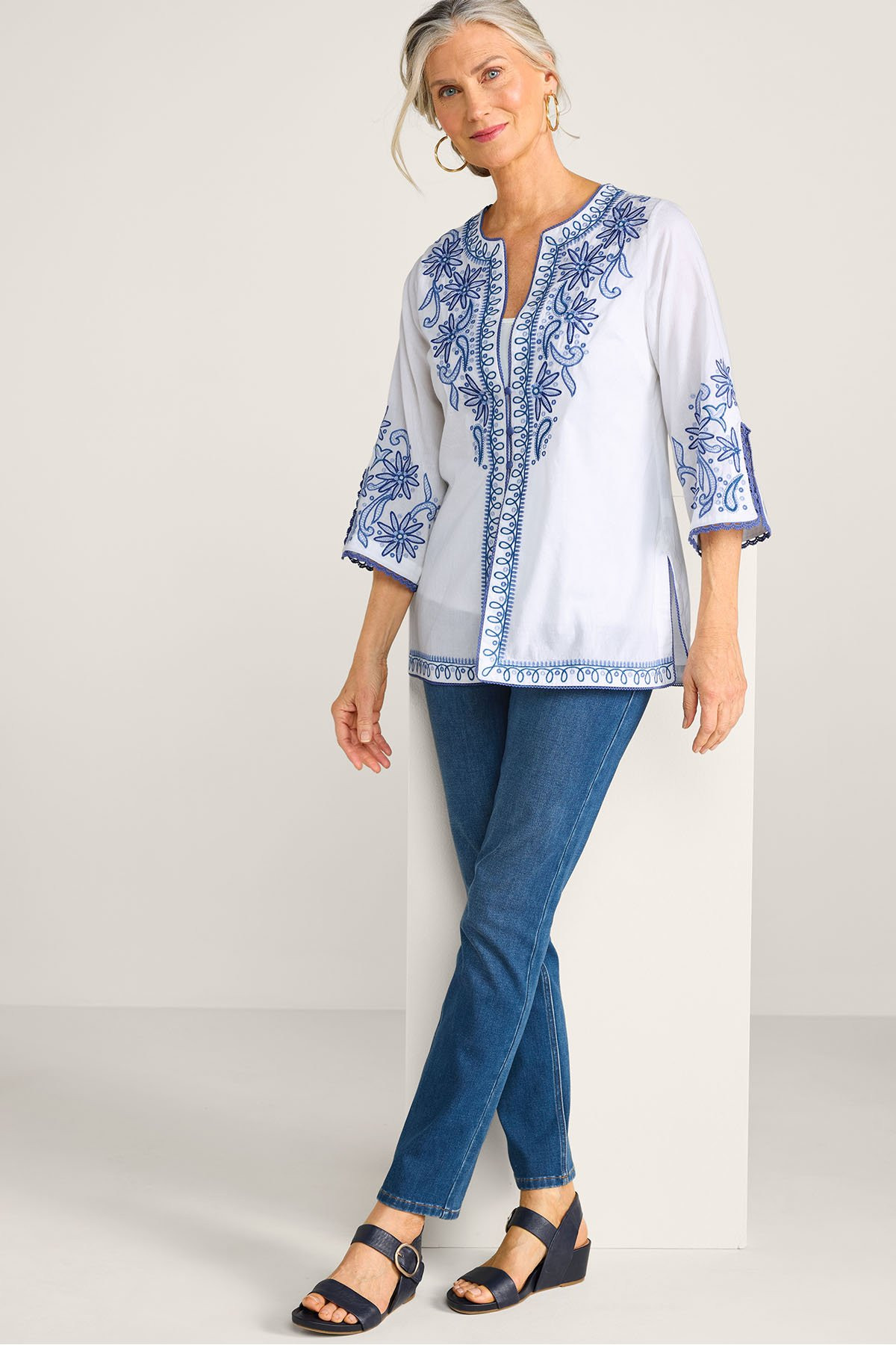 Embroidered Cotton 3/4 Slv Tunic - thumbnail 3