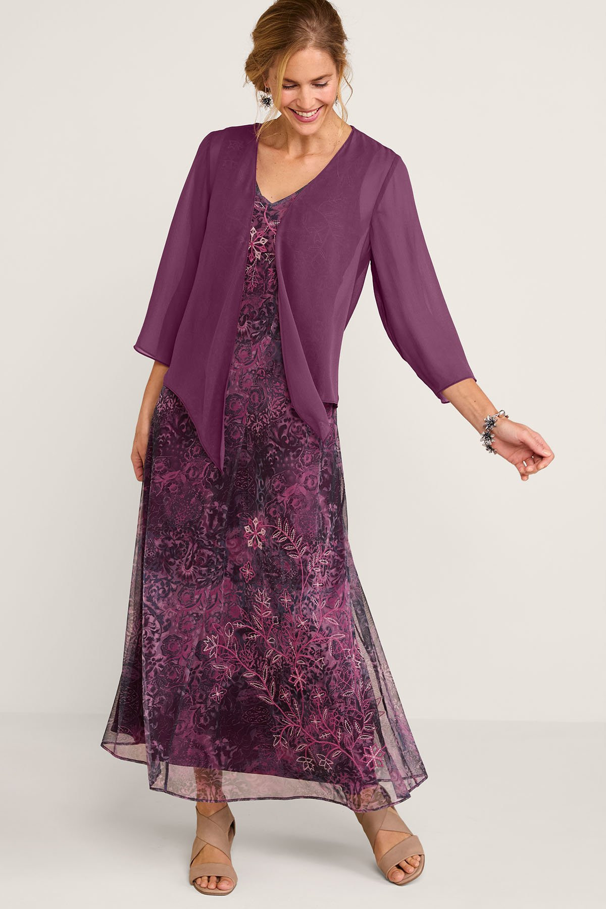 Embroidered Printed Mesh S/L Maxi Dress - thumbnail 5