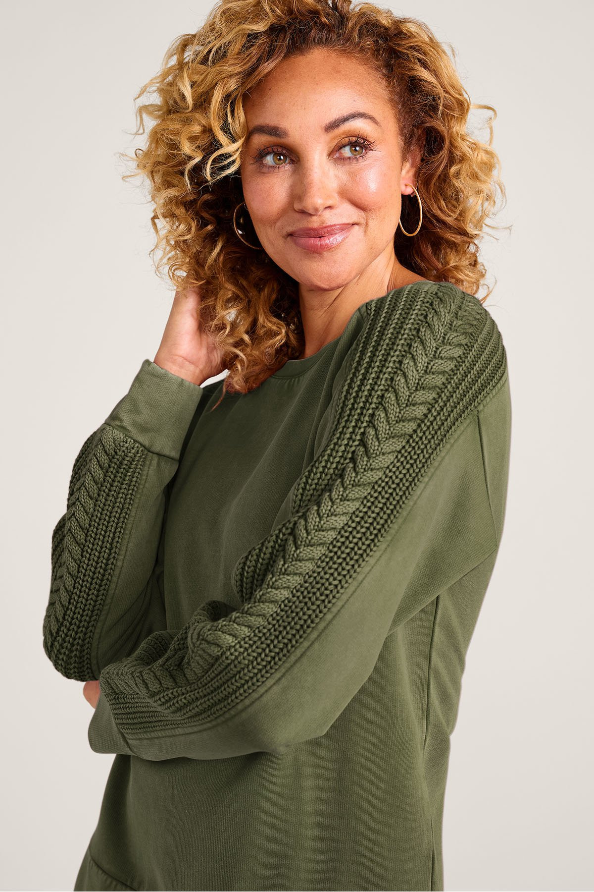 Mixed Media Cable Sleeve Sweatshirt - thumbnail 5