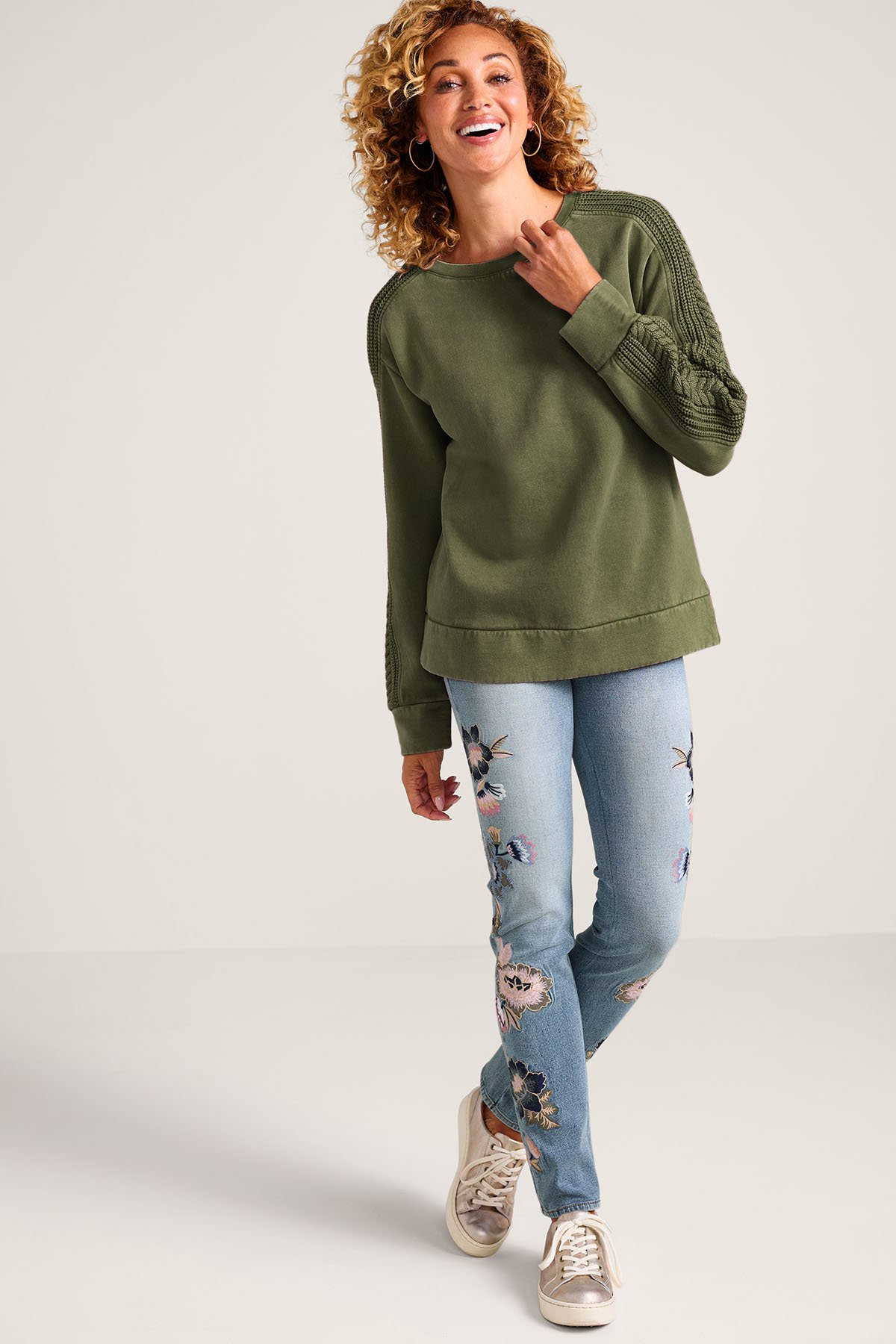 Mixed Media Cable Sleeve Sweatshirt - thumbnail 3