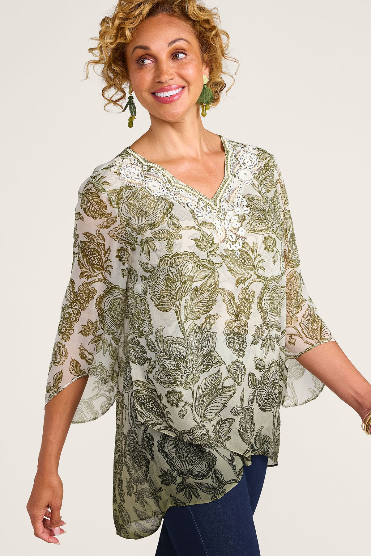 Ombre Sheer Embellished ¾ Slv Tunic