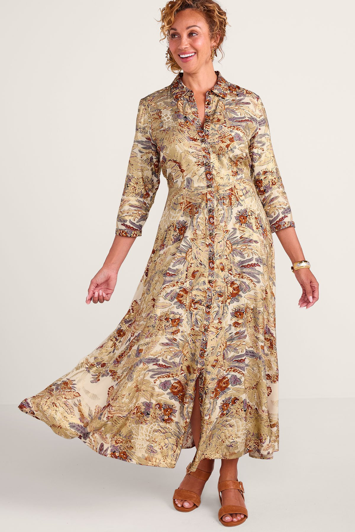 Metallic Print 3/4 Slv Maxi Shirtdress