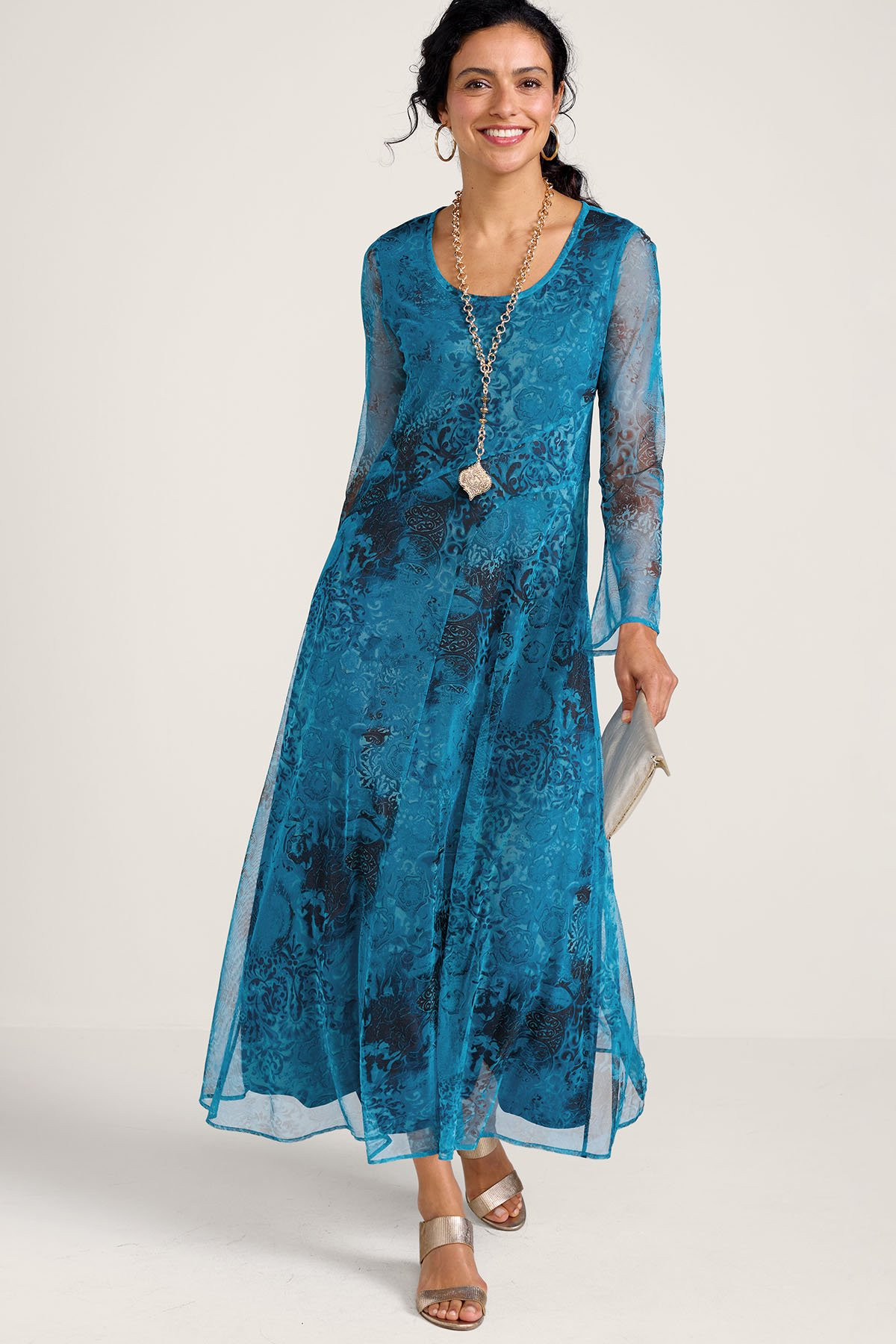 Mixed Print Stretch Mesh LS Maxi Dress
