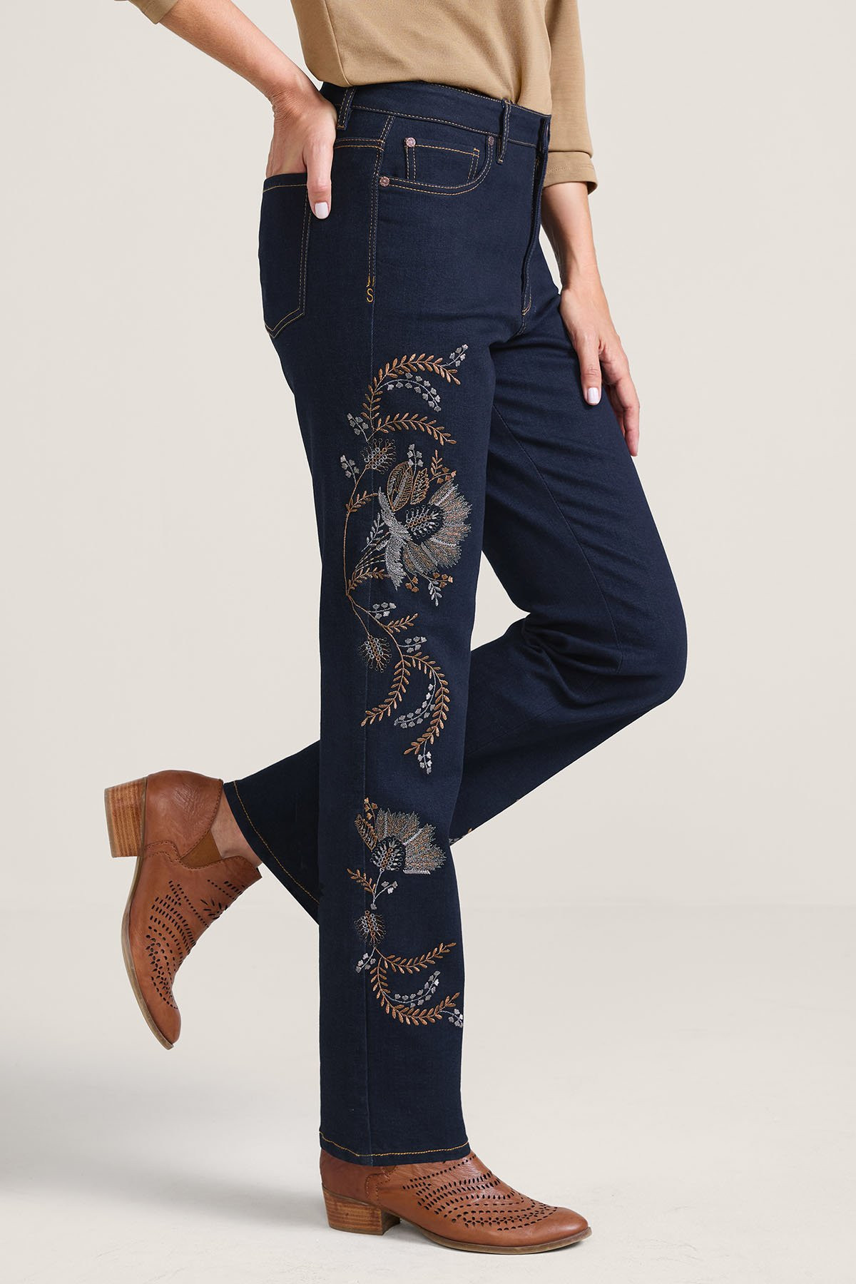 Metallic Embroidered Straight Leg Jeans - thumbnail 3
