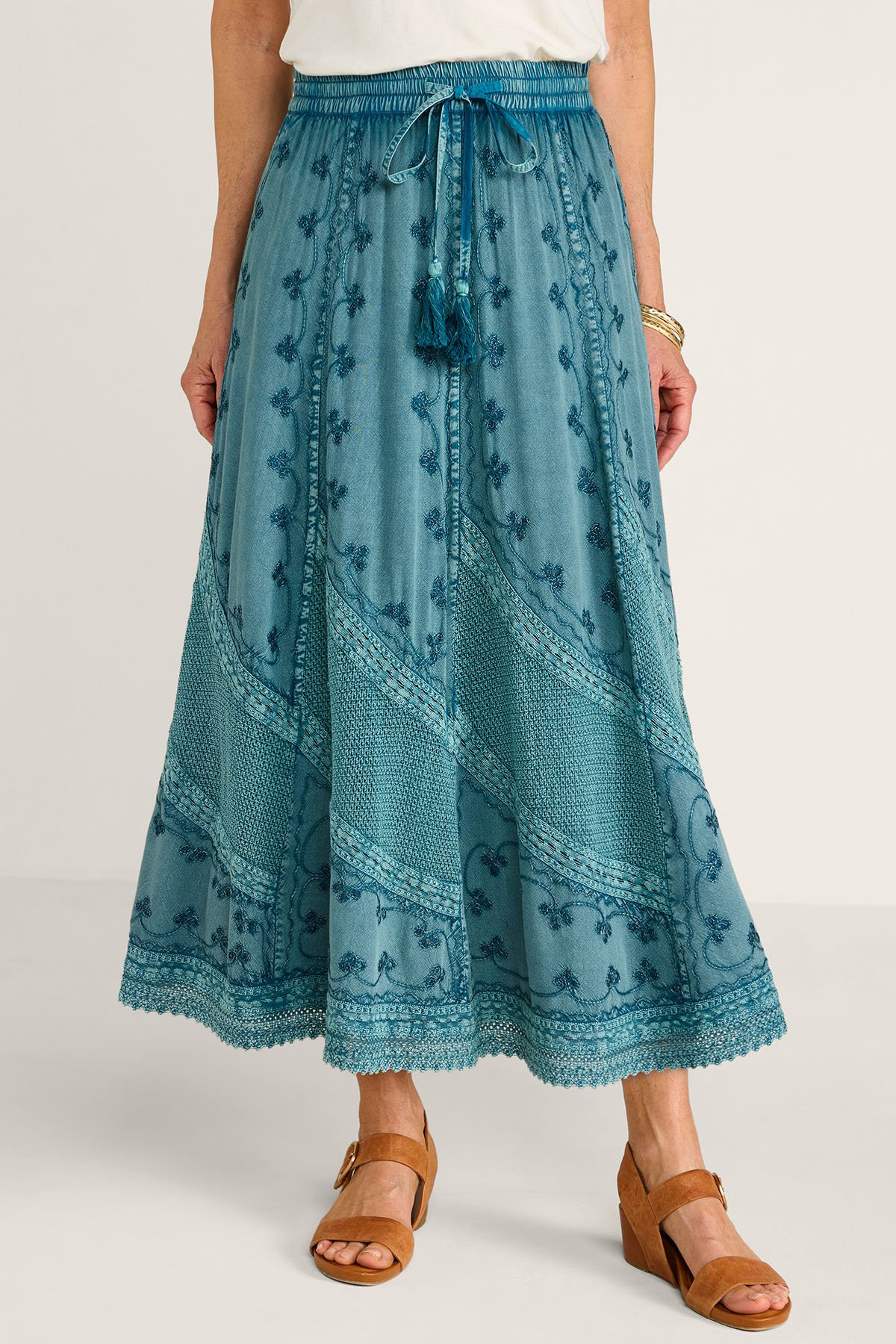 Embroidered Paneled Pull On Maxi Skirt