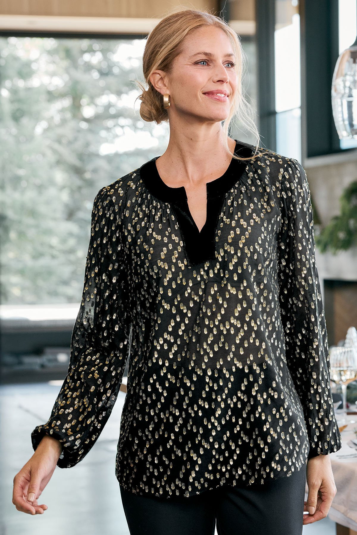 Luce Long Sleeve Velvet Trim Poet Top - thumbnail 8